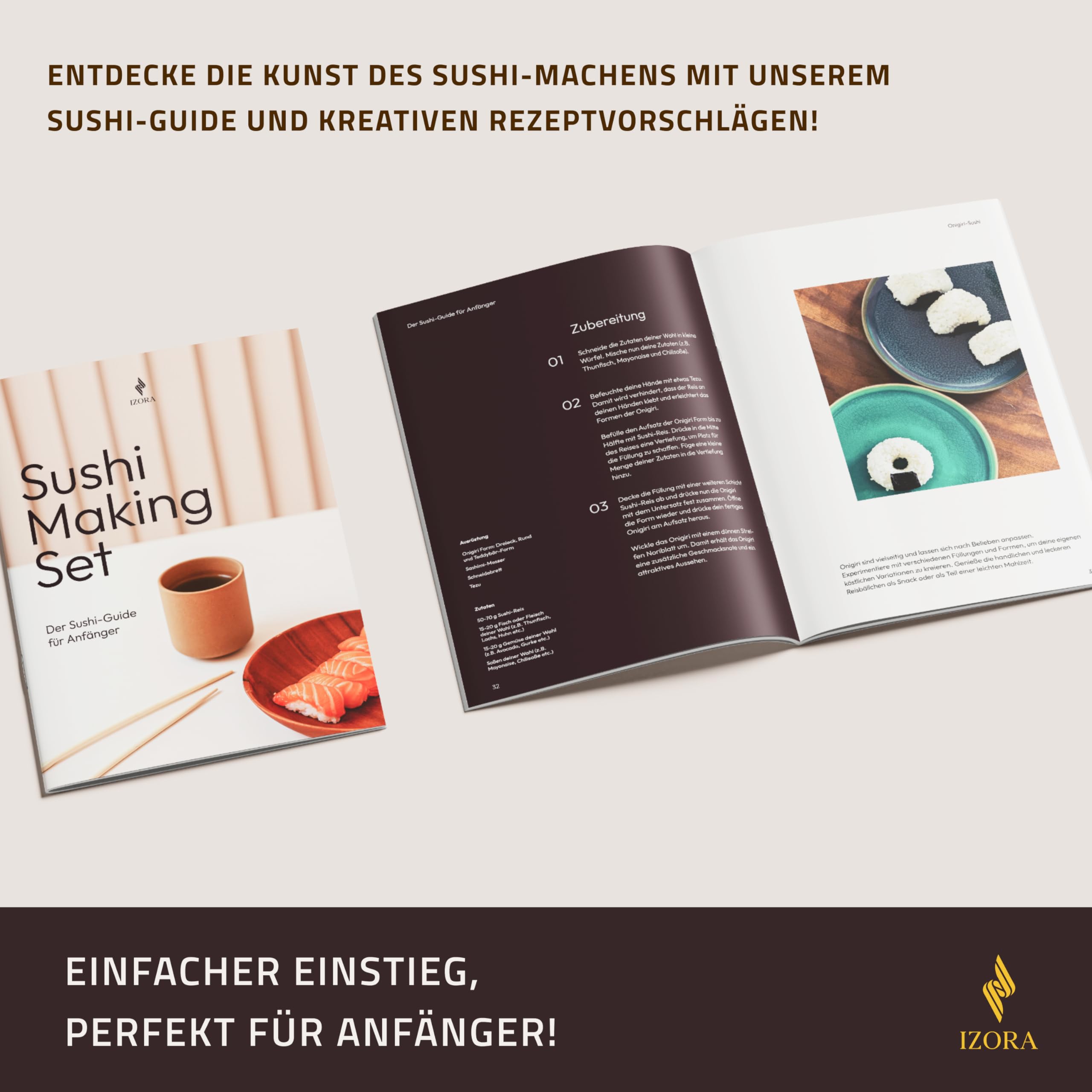 Izora Sushi Maker Set mit Anfänger-Guide inkl. ausführlicher Anleitung, einfache Rezeptvorschläge - Sushi Set zum selber machen mit stilvoller Geschenkbox, praktischem Stoffbeutel