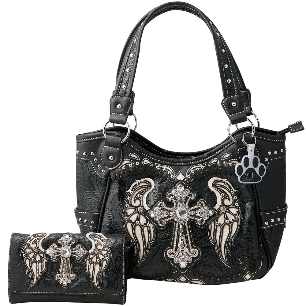 HW Collection Western Purse Rhinestone Cross Angelic Wings Women Handbag Wallet Set
