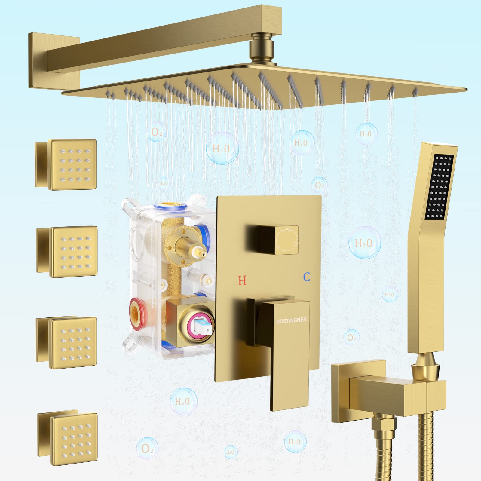 Brushed Gold Shower System with Body Jets, 10 inch Rain Shower Body Spray Jets System Wall Mounted Shower Faucet Set with 3-Function Rough-in Pressure Balanced Shower Valve