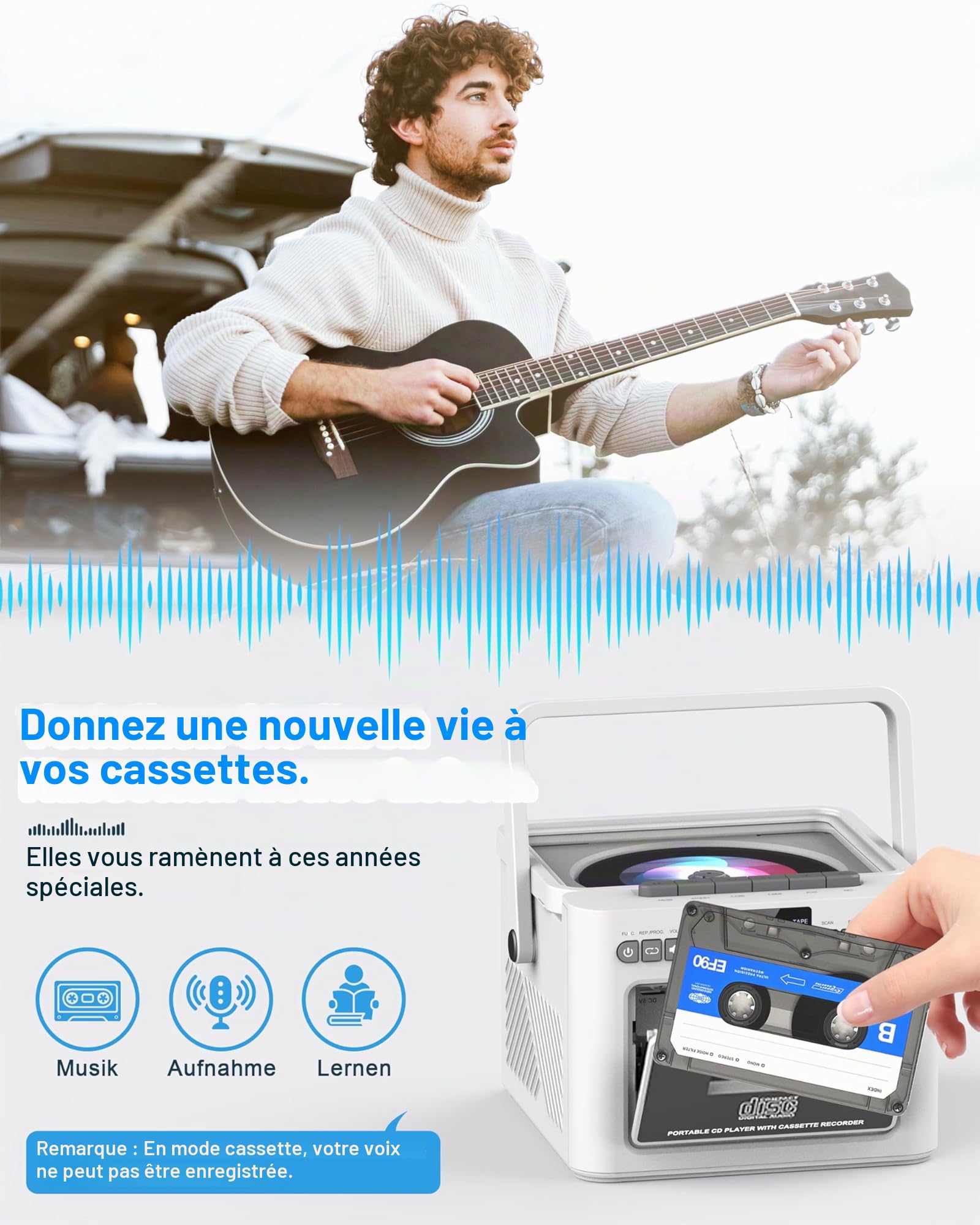 Greadio Lecteur CD Portable, Lecteur Cassette Audio, Bluetooth, Télécommande, Radio FM, AUX/USB/SD Card-in, Batterie Rechargeable 5000mAh, Haut-Parleurs 5W, écran LED (Blanc)