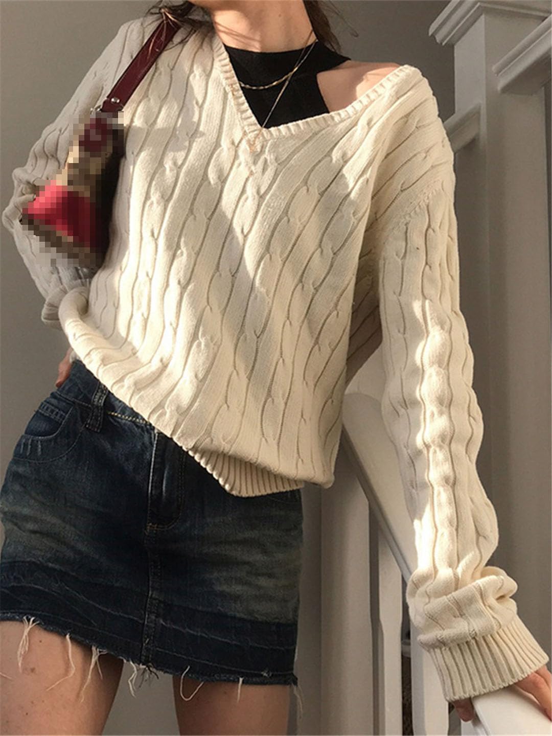 Suéter De Punto con Cuello En V para Mujer, Manga Larga, Tejido De Cable