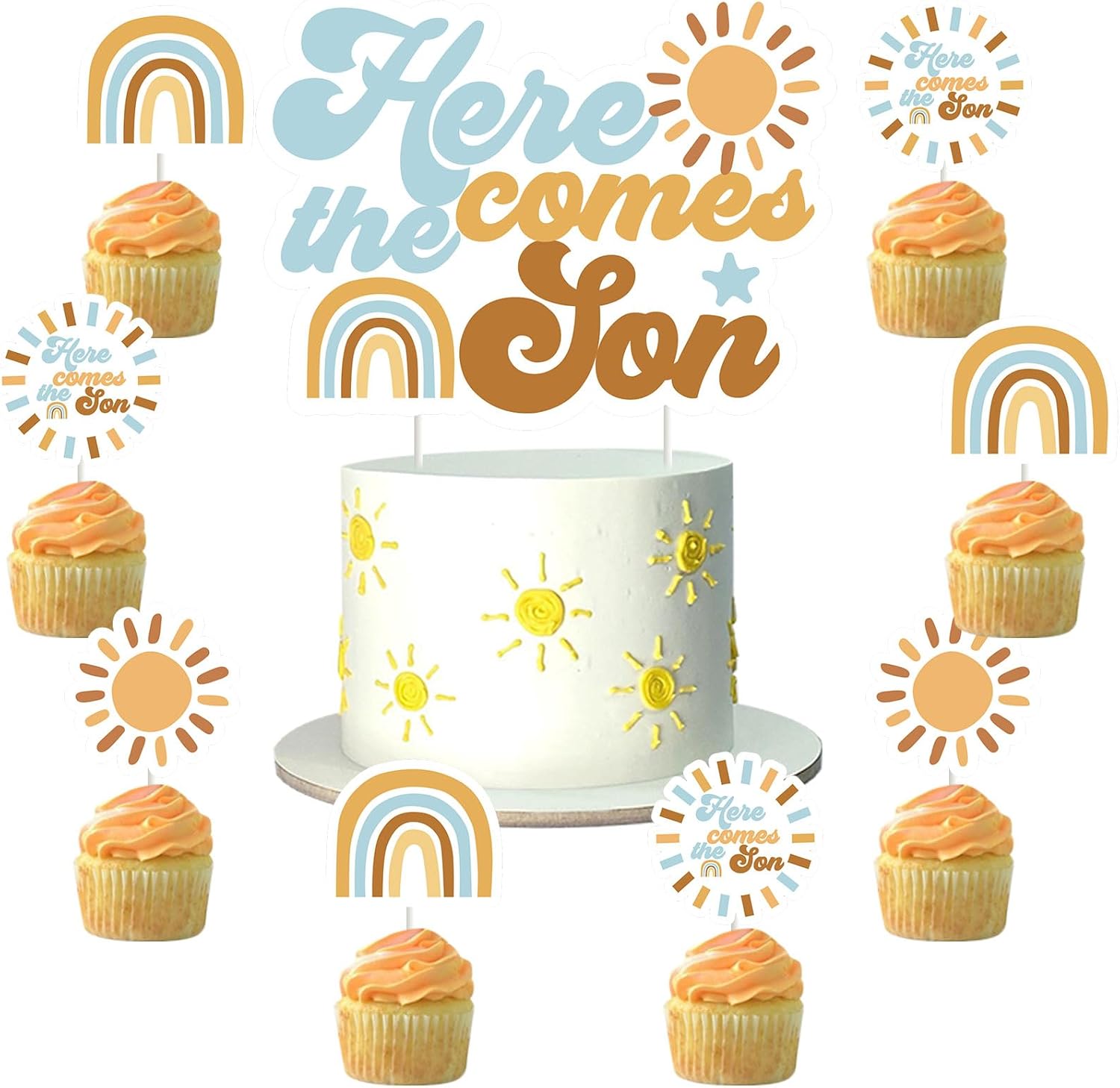 24 Pack Here Comes The Son Cake Topper Cupcake Picks Baby Shower Decorations for Boy, A Little Sunshine is On The Way Boho Party Supplies