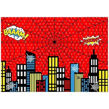 Allenjoy 7x5ft Red Superhero Theme Cityscape Backdrop for Photography 1st Boys Birthday Party Kids Baby Shower Decorations Family Gathering Background Cake Smash Photo Shoot Photobooth Studio Props