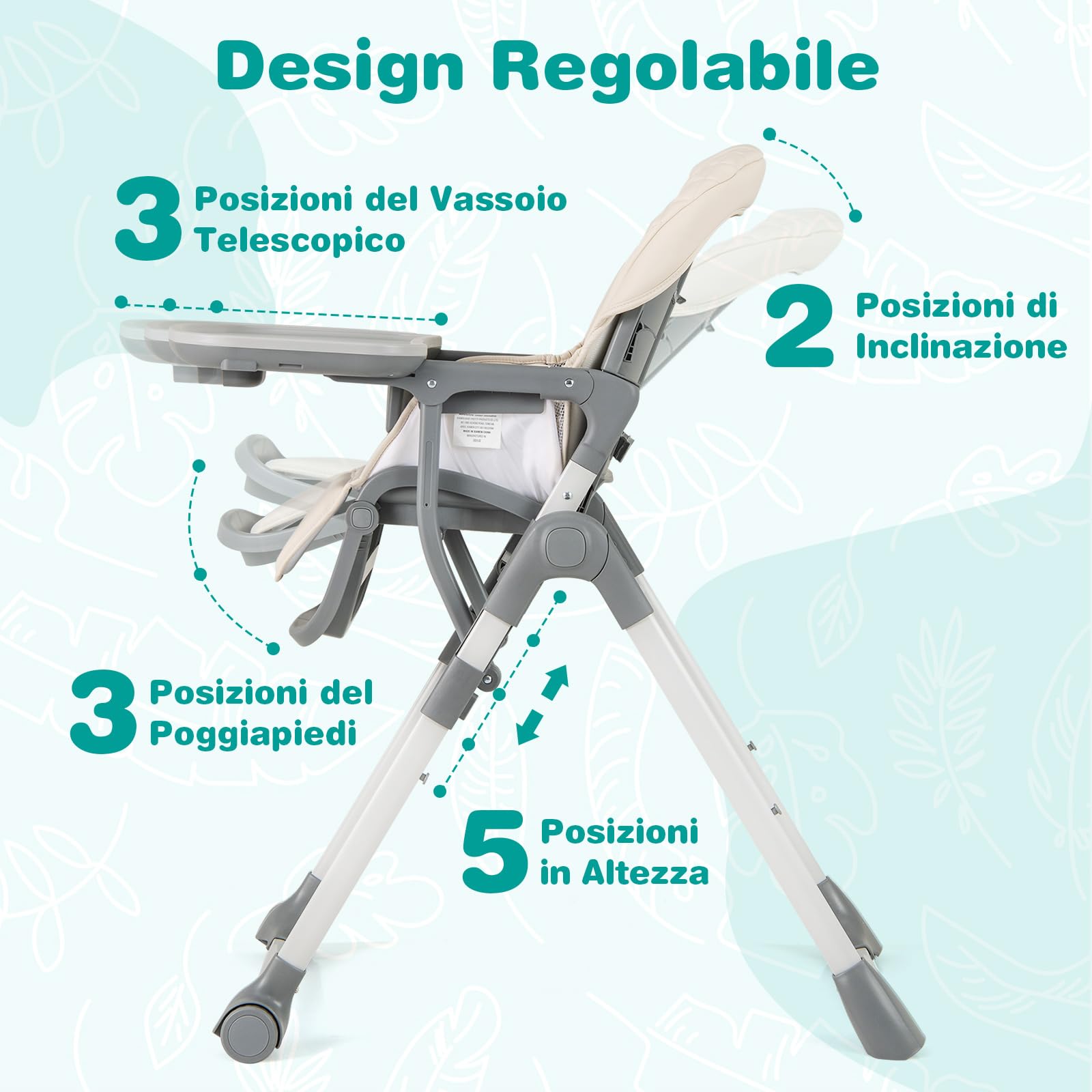 COSTWAY Seggiolone Pappa Pieghevole, Seggiolone Evolutivo per Neonati con Poggiapiedi, Vassoio Staccabile, Altezza Regolabile, Cuscino Sede in PU, Cintura di Sicurezza, per Bambini 6-36 Mesi (Beige)