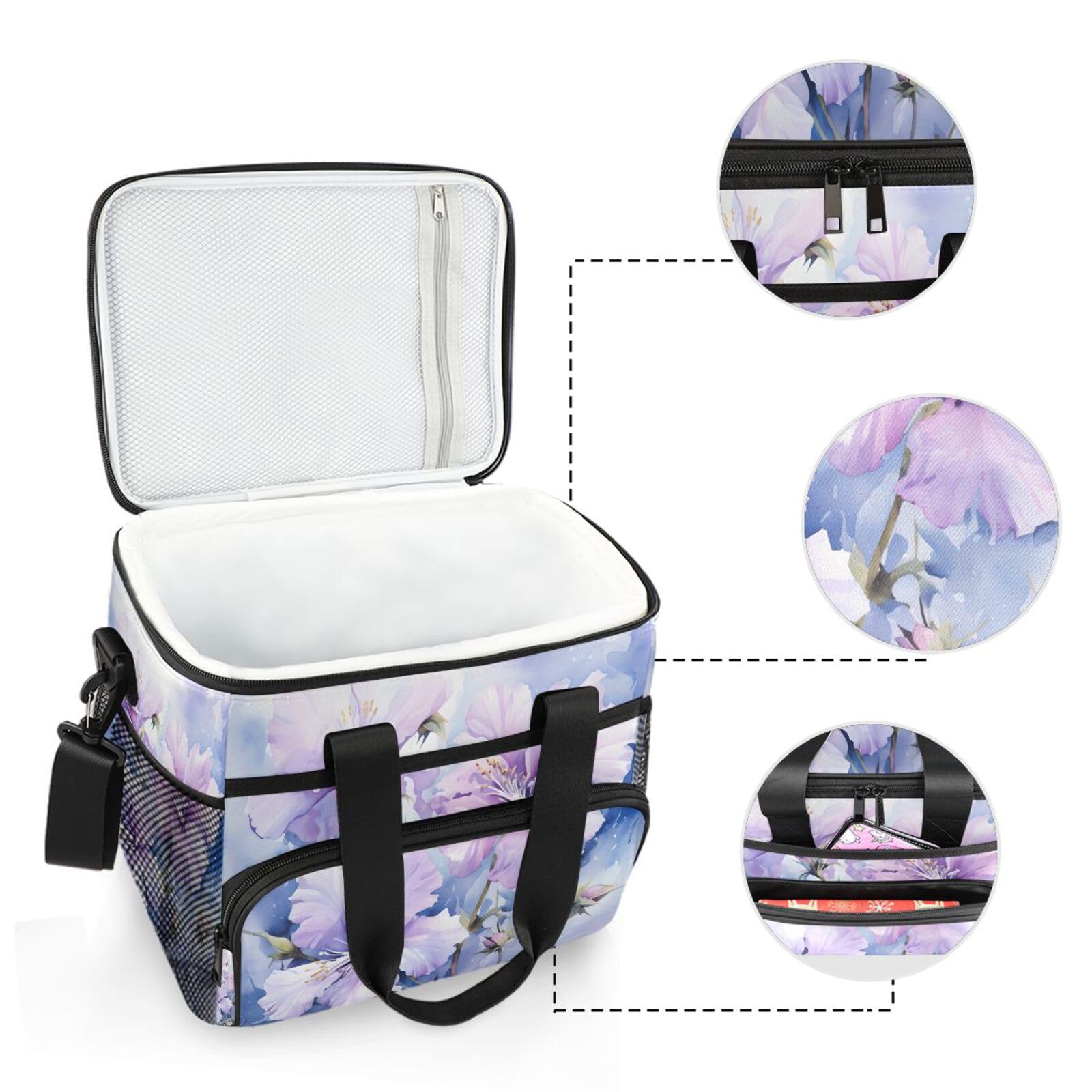 Bolsa térmica grande con estampado de flores moradas con diseño de teñido anudado, bolsa térmica impermeable de 15 litros, 24 latas, para adultos, hombres y mujeres