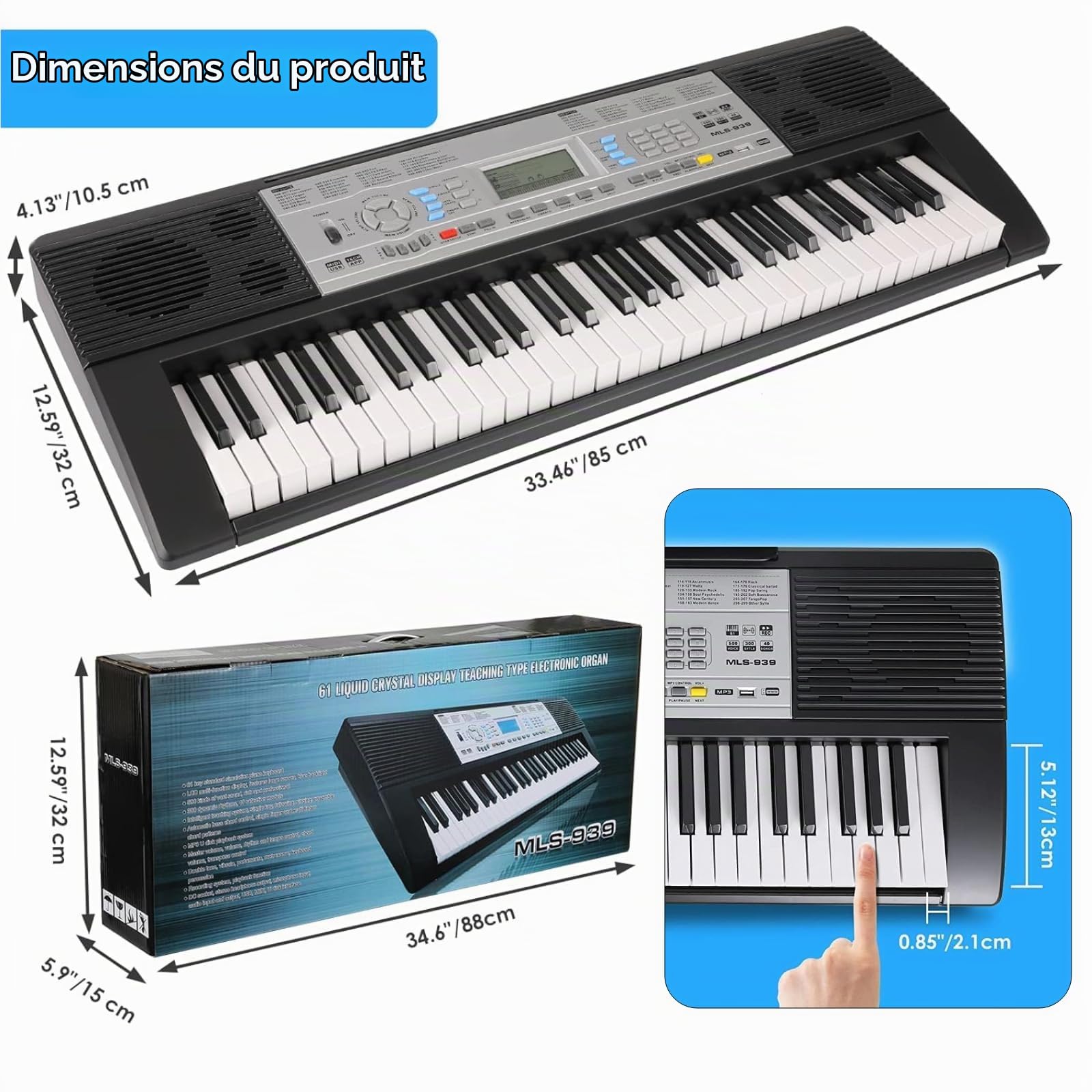 Clavier Piano 61PCS Touches, Piano Numérique, avec Pupitre, Fonction d'Enregistrement et de Programmation, Pianos Numériques pour Enfants, Adultes, Débutants, Claviers électroniques 85 x 32 x 10.5 cm