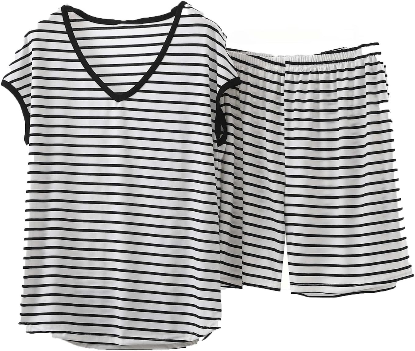 Oplxuo 2 Piece Lounge Set Women Stripe Pajamas Cotton Cap Sleeve Tee Shirts Shorts Casual Summer Loungewear Shorts Sets
