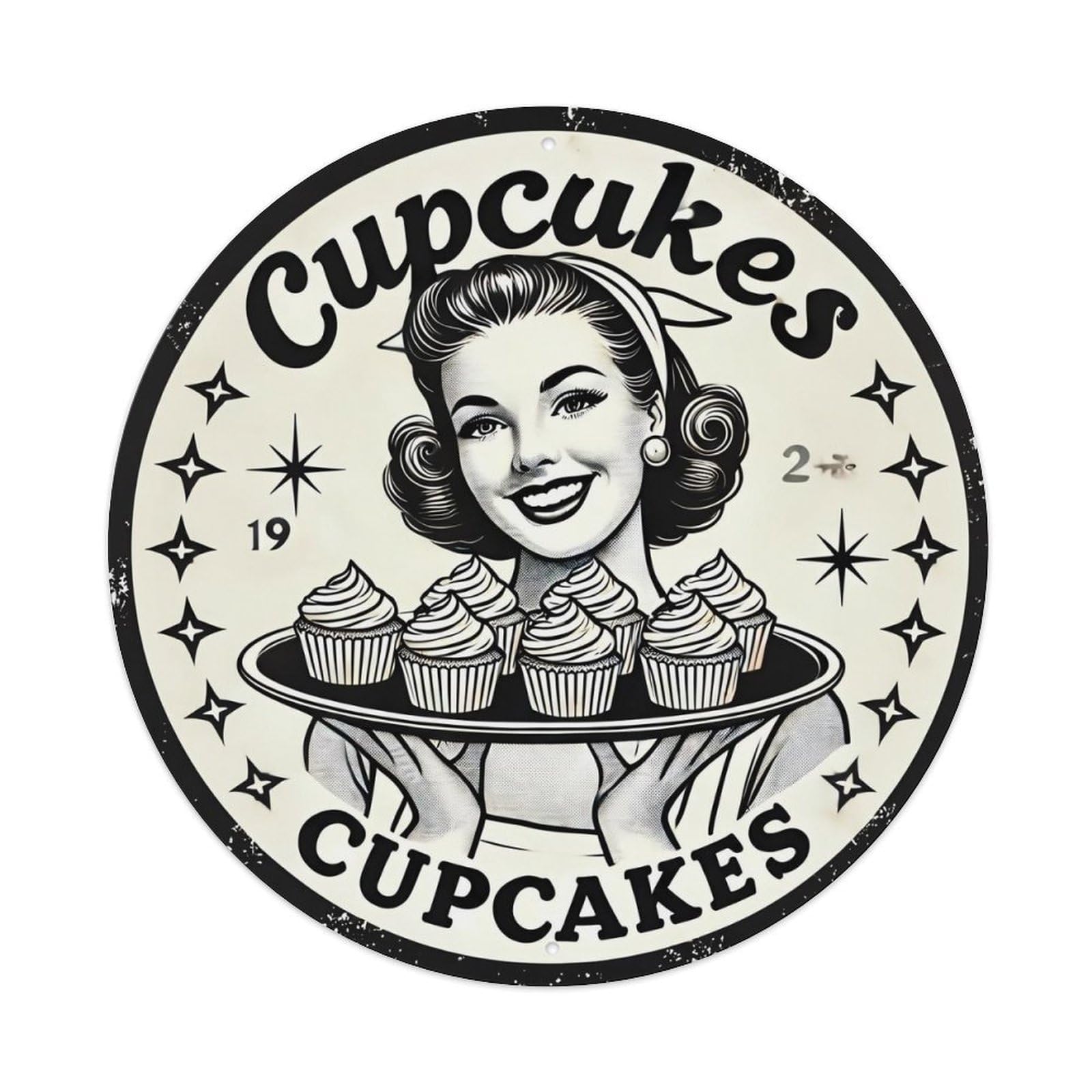 Retro Woman Holding Cupcakes Retro Metal Sign Round Tin Sign, Vintage Decor Art Poster for Bar, Home, Man Cave, Kitchen, Laundry Room Gift 8x8Inch