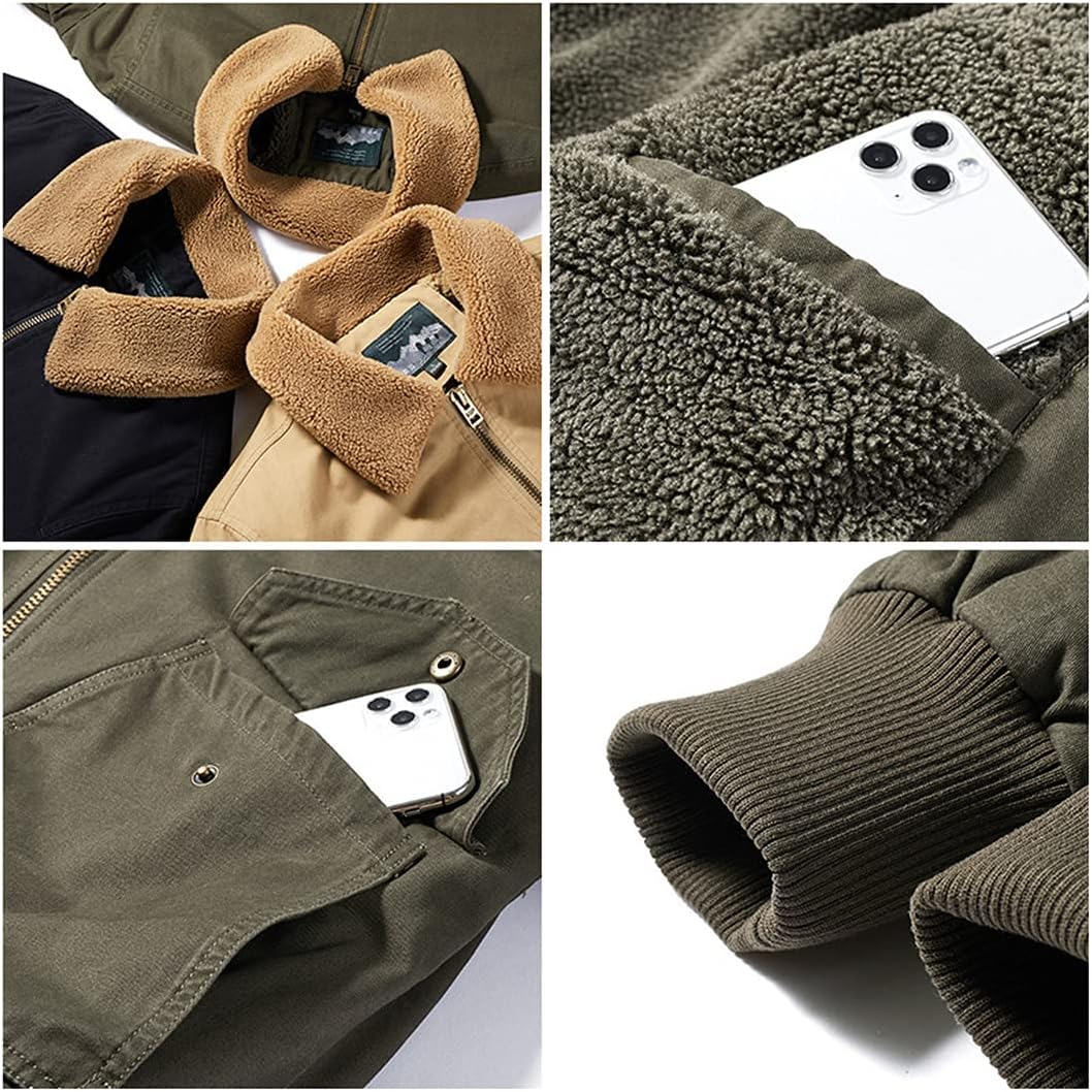 Men Winter Plus Velvet Thicken Warm Jacket Coat Fur Collar Multi-Pocket Outdoor Sport Windproof Thermal Fleece Casual Jacket