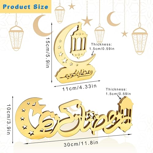 Miniatura 2 de Paquete de 2 decoraciones de mesa de Ramadán Mubarak, letrero de madera acrílica de Eid Mubarak, decoración de mesa islámica para Ramadán Mubarak