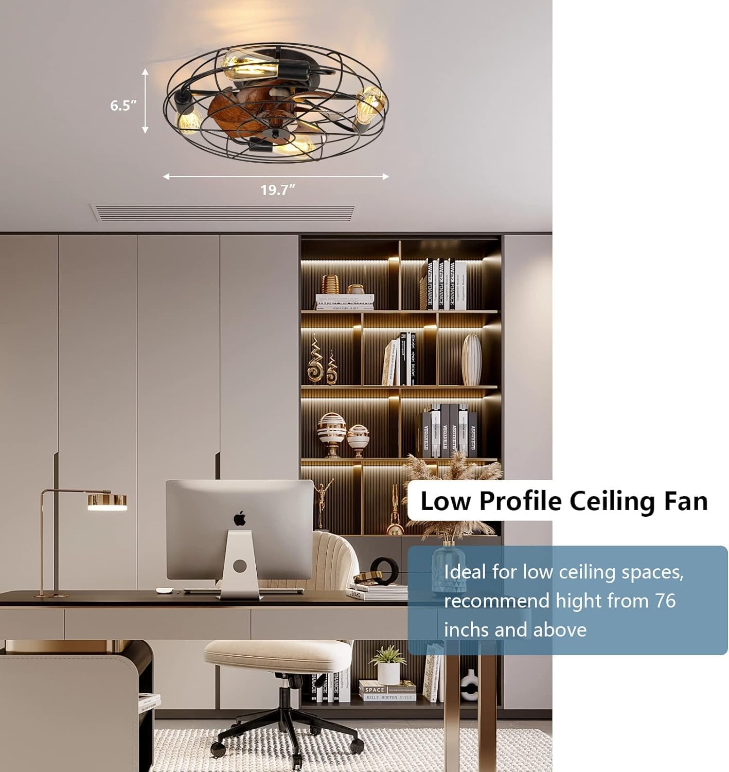 Image highlighting the MOSSCO fan's features: Ultra Quiet (<35db), Timer (1/2/4H), and 1-6 Wind Speeds, with a maximum rotation rate of 900n/min.