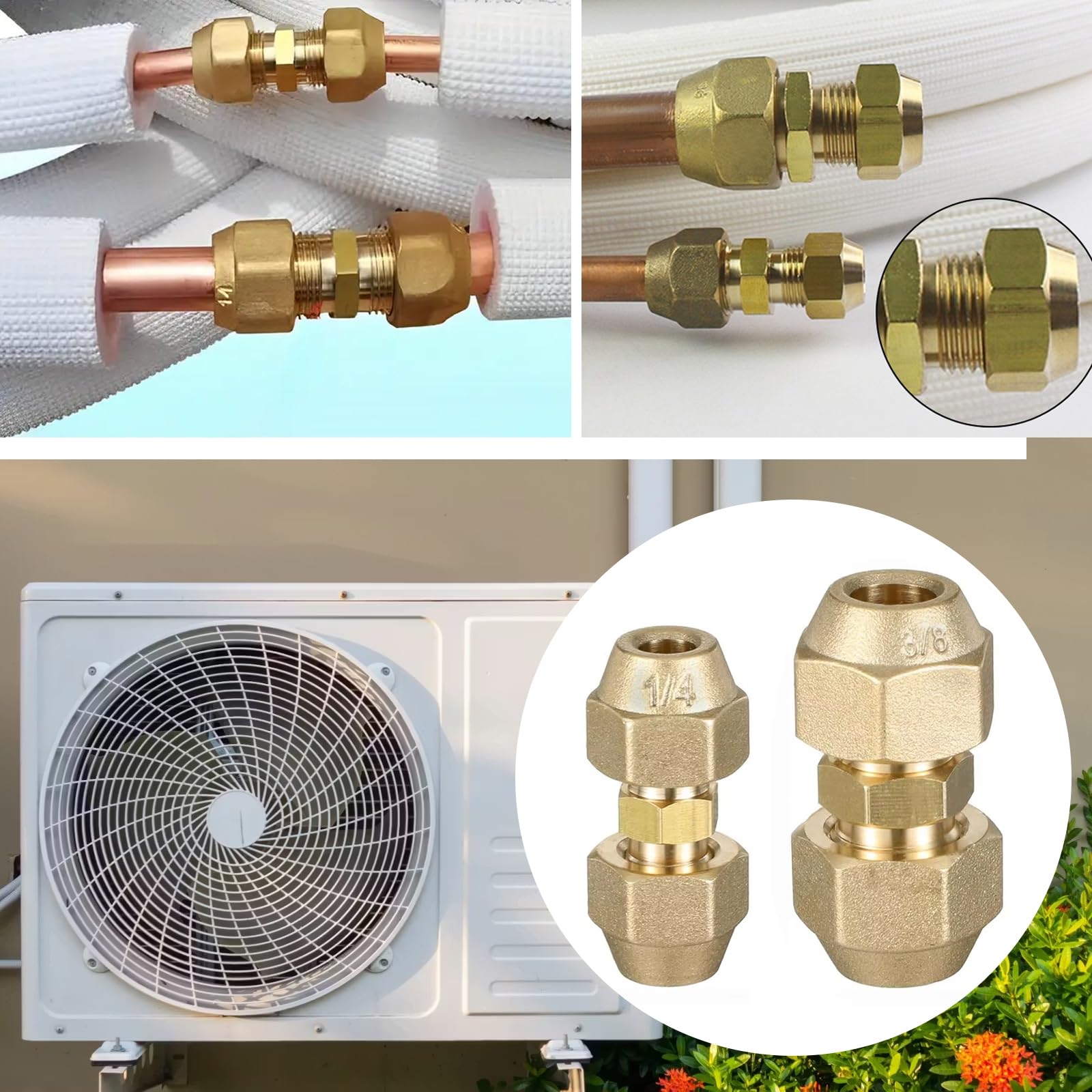 Set di 2 prolunghe per tubi in ottone, doppio nipplo in climatizzatori, 1/4 e 3/8", senza saldatura, tubo di rame con dado di accoppiamento per condizionatori d'aria, riscaldamento sanitario