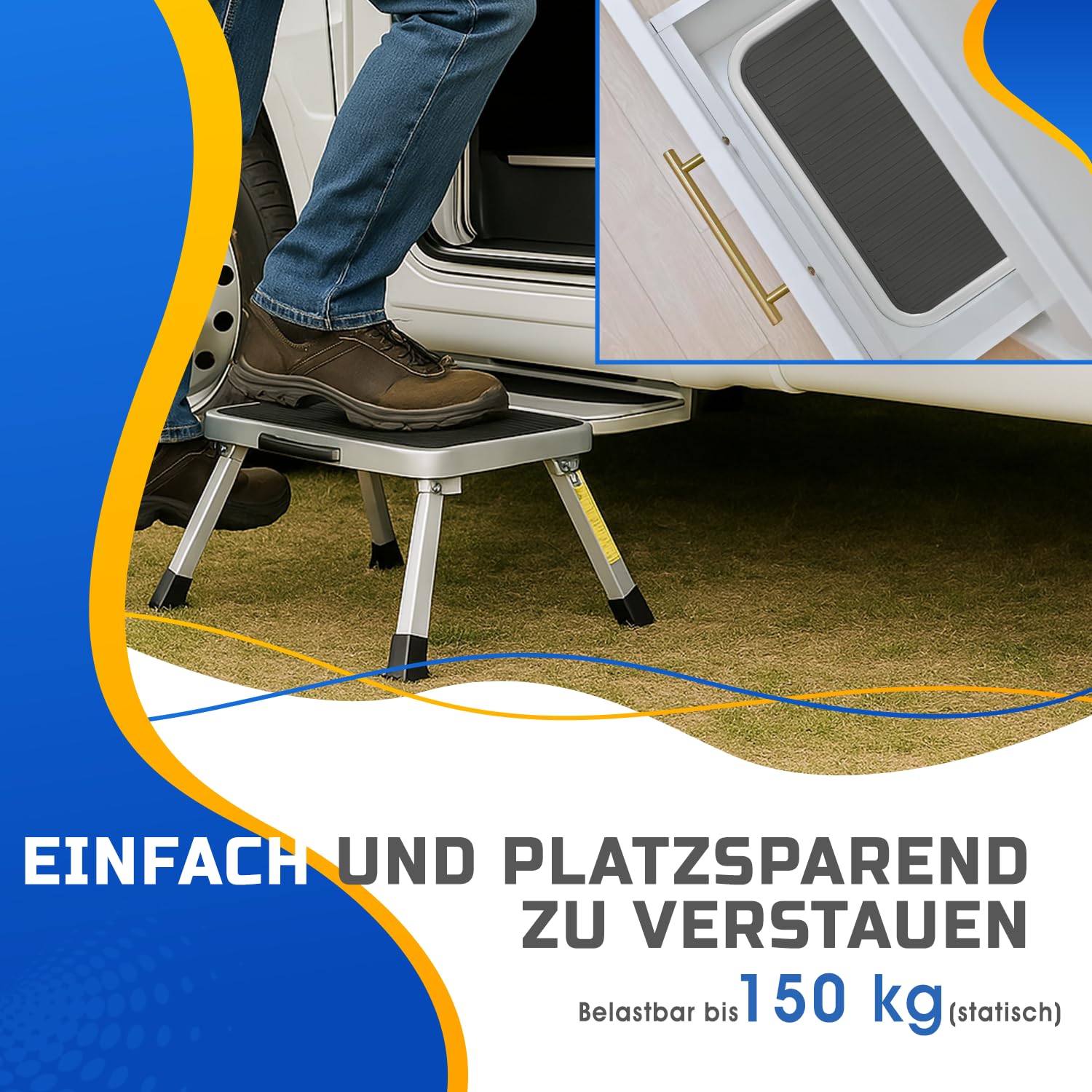 Pedana pieghevole per roulotte – Sgabello in acciaio fino a 150 kg – Pedana pieghevole antiscivolo da campeggio con piedini in gomma – Scaletta per camper, caravan, cucina – Certificazione EN14183