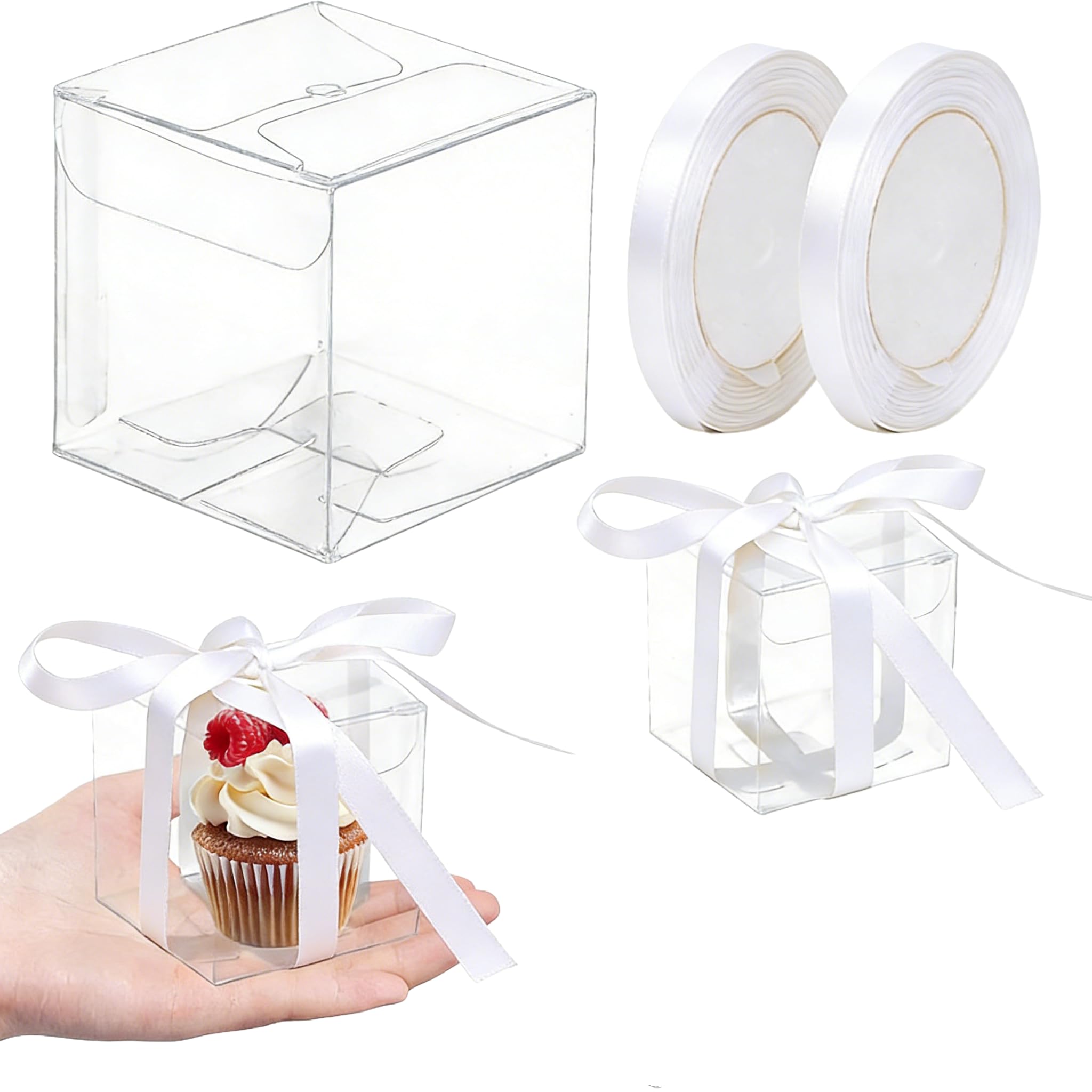 giteo bedding, 100Pcs Gift Box Favour Boxes Clear Gift Boxes, White Ribbon