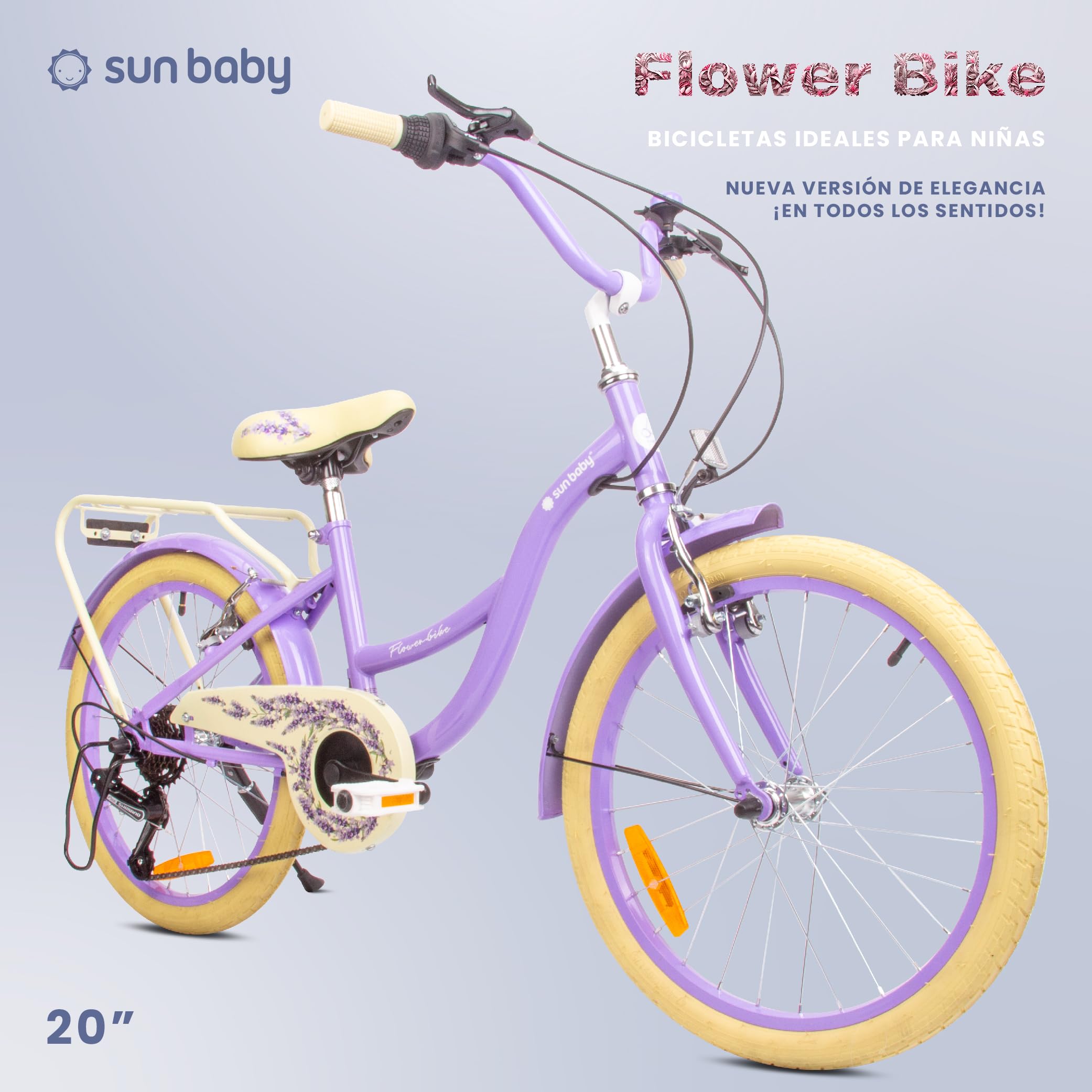 Bicicleta para niñas Flower Bike, tamaño de Rueda 20 Pulgadas, de 6 a 10 años, de 6 velocidades Shimano, de Altura Ajustable