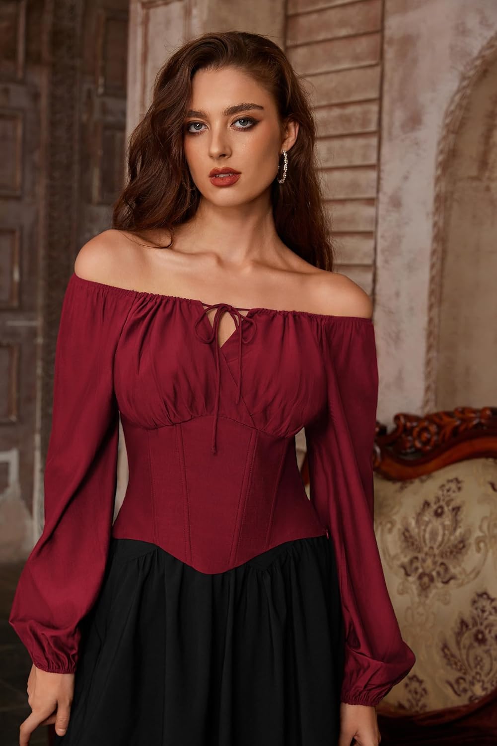 SCARLET DARKNESS Corset Tops for Women Elastic Neckline Renaissance Shirt Peasant Blouse - Image 2