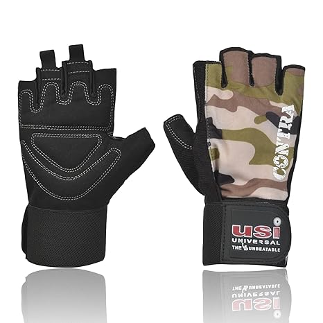 USI UNIVERSAL 733CB Contra Fitness Gym Gloves, Workout Powerlifting Gloves, Microfiber, Digital Printed (Medium, Brown)