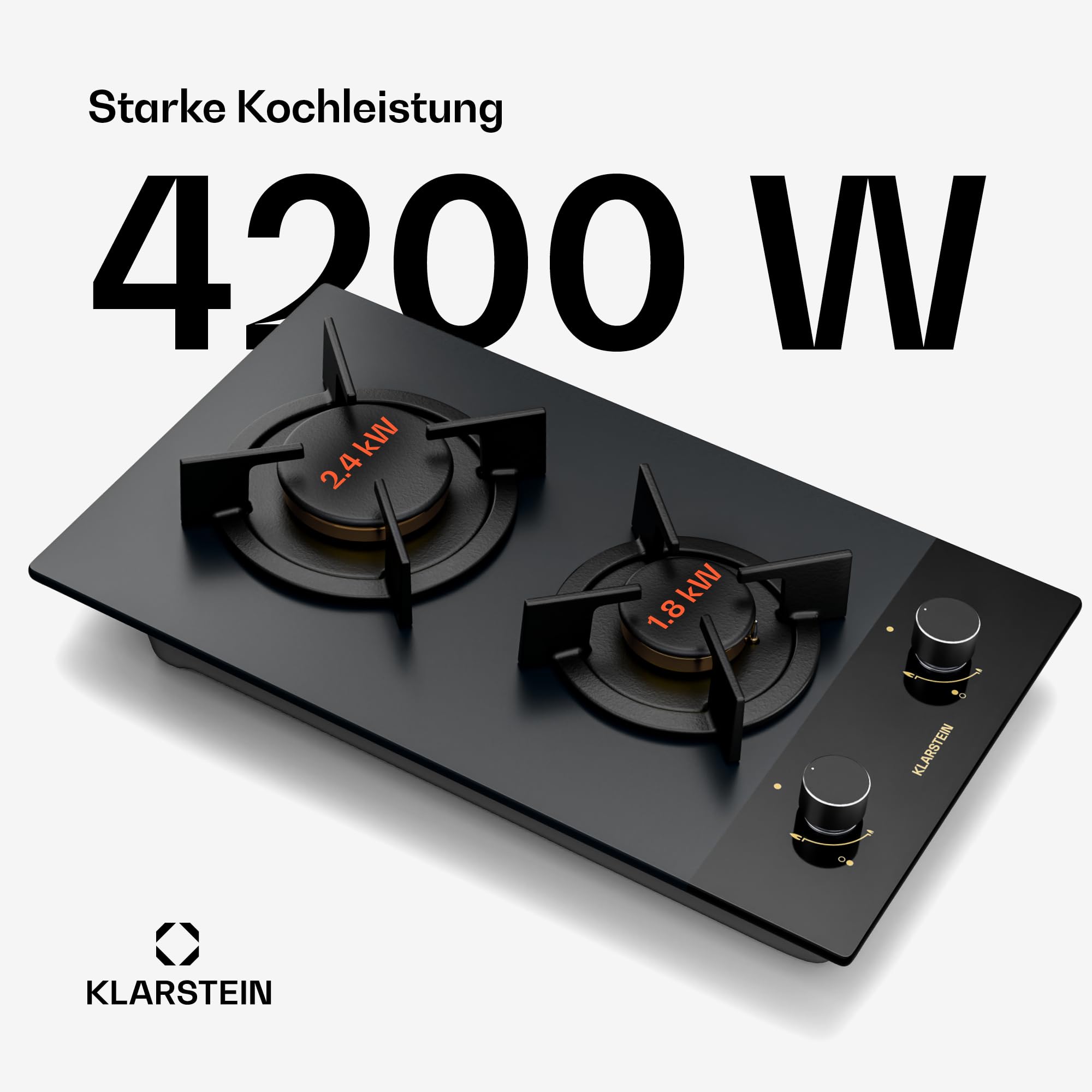 Klarstein Goldflame Nano Gaskochfeld, 2 Brenner, 30 cm, Messingbrenner und Gusseisenhalter, 4.200 W, Nanobeschichtetes Glas, Flammenschutz und Automatische Zündung, LPG/Erdgas-Umrüstsatz Inkl.