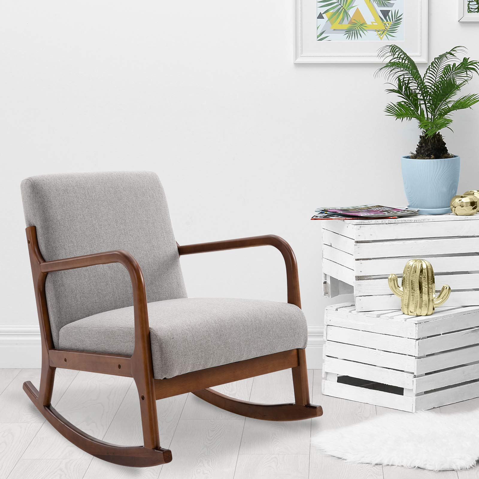 HOMCOM Poltrona a Dondolo Imbottita, Design Vintage in Legno e Poliestere Grigio, per Interni, Ufficio, Soggiorno, 64x86x80cm