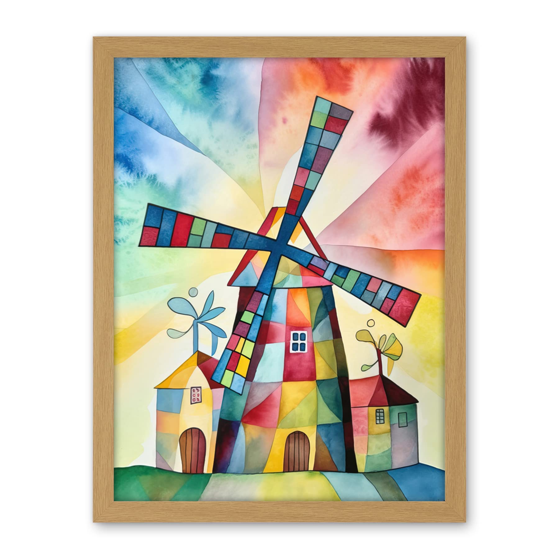 Artery8 Windmill Folk Art Abstract Bright Artwork Framed Wall Art Print 18X24 Inch
