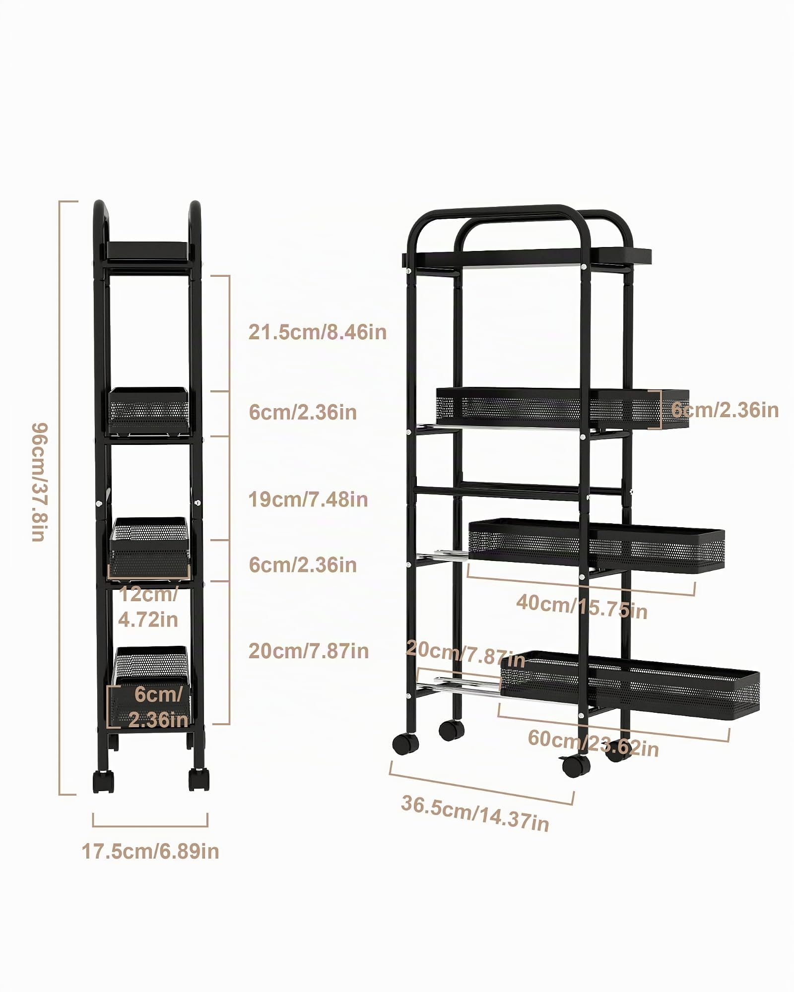 UMDONX Carrello Cucina con Ruote Stretto con Cassetti Estraibili,Nero | Carrello Cucina Salvaspazio Portaoggetti a 4 Livelli in Metallo,Carrello di Servizio Sottile con Ruote per Cucina Bagno