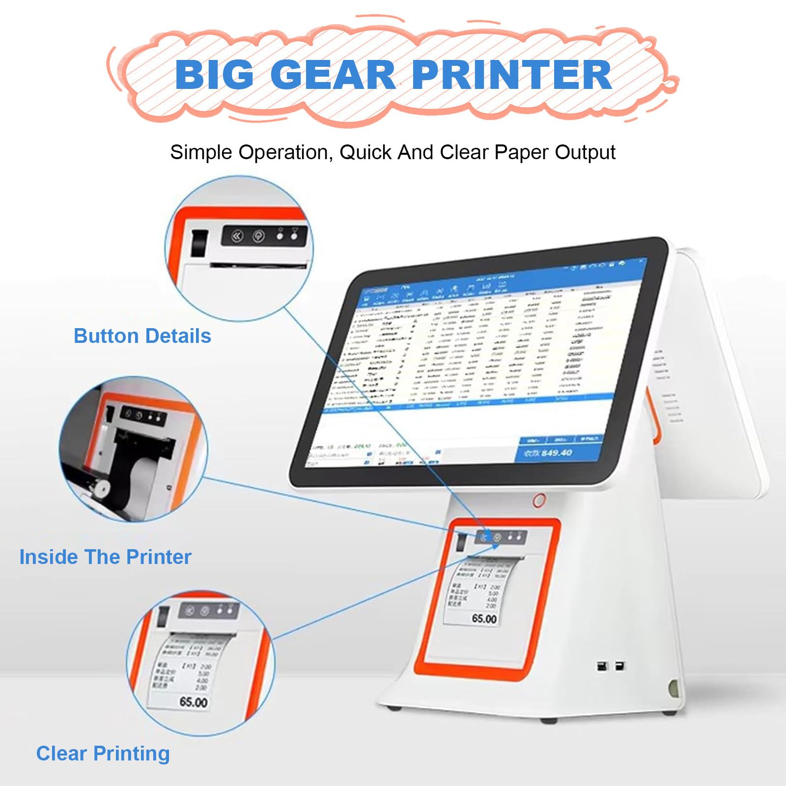 Caisse Enregistreuse Intelligente, Caisse Enregistreuse avec écran Tactile Double écran 15.6 Pouces, Processeur Double cœur, pour la Vente au Détail, la Restauration, l'hôtellerie White-B