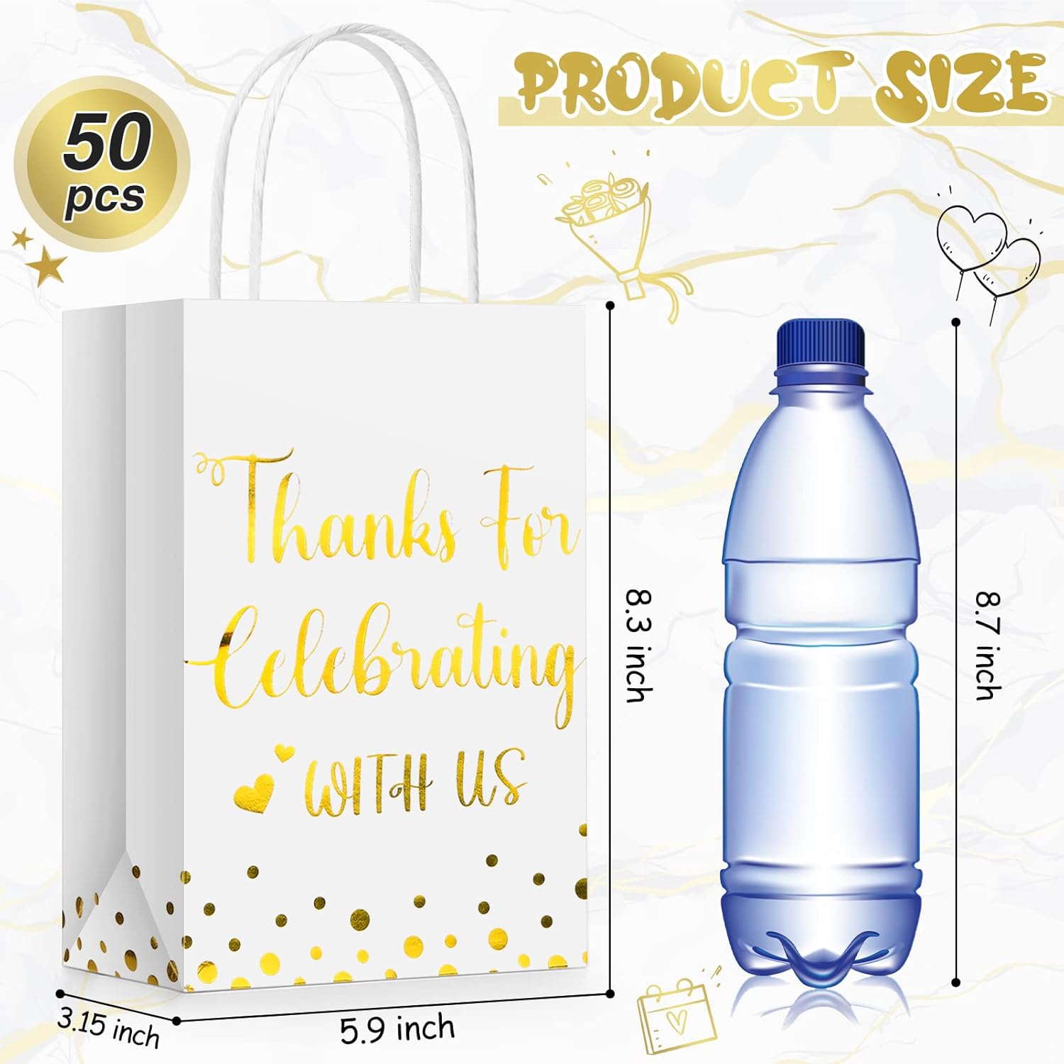 Ctosree 50 Pcs Wedding Gift Bag Thanks for Celebrating with Us Paper Bags Wedding Gift Bags with Handle for Hotel Guests Gift Bag for Bridal Shower Party Favors(White, Gold) - Image 2