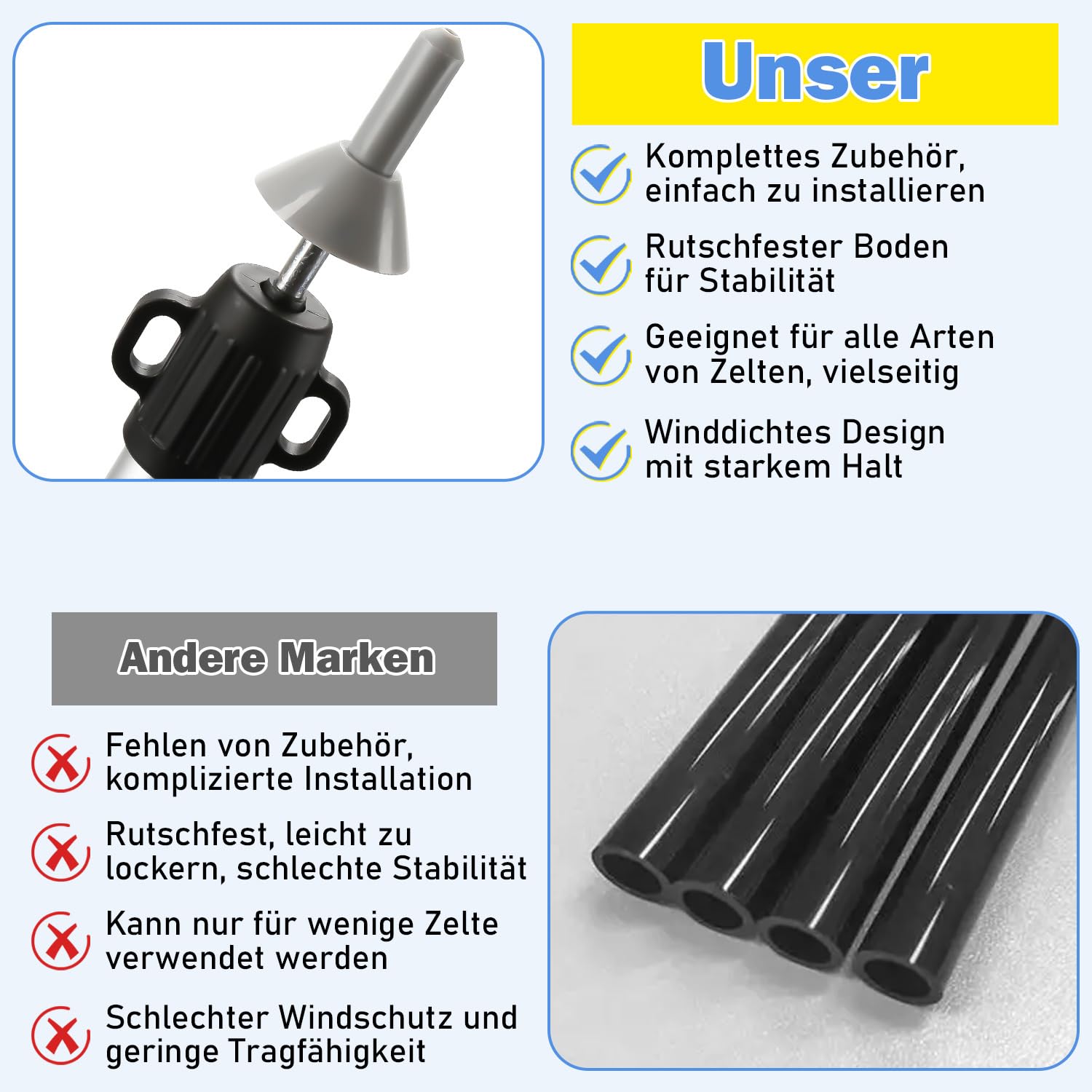 Zeltstange Teleskopstange für Zelte, Zeltstangen Aluminiumlegierung Höhenverstellbar Höhe 87–234 cm für Camping, Trekking & Outdoor, Zelt, Tarp, Sonnensegel, Plane & Wetterschutz