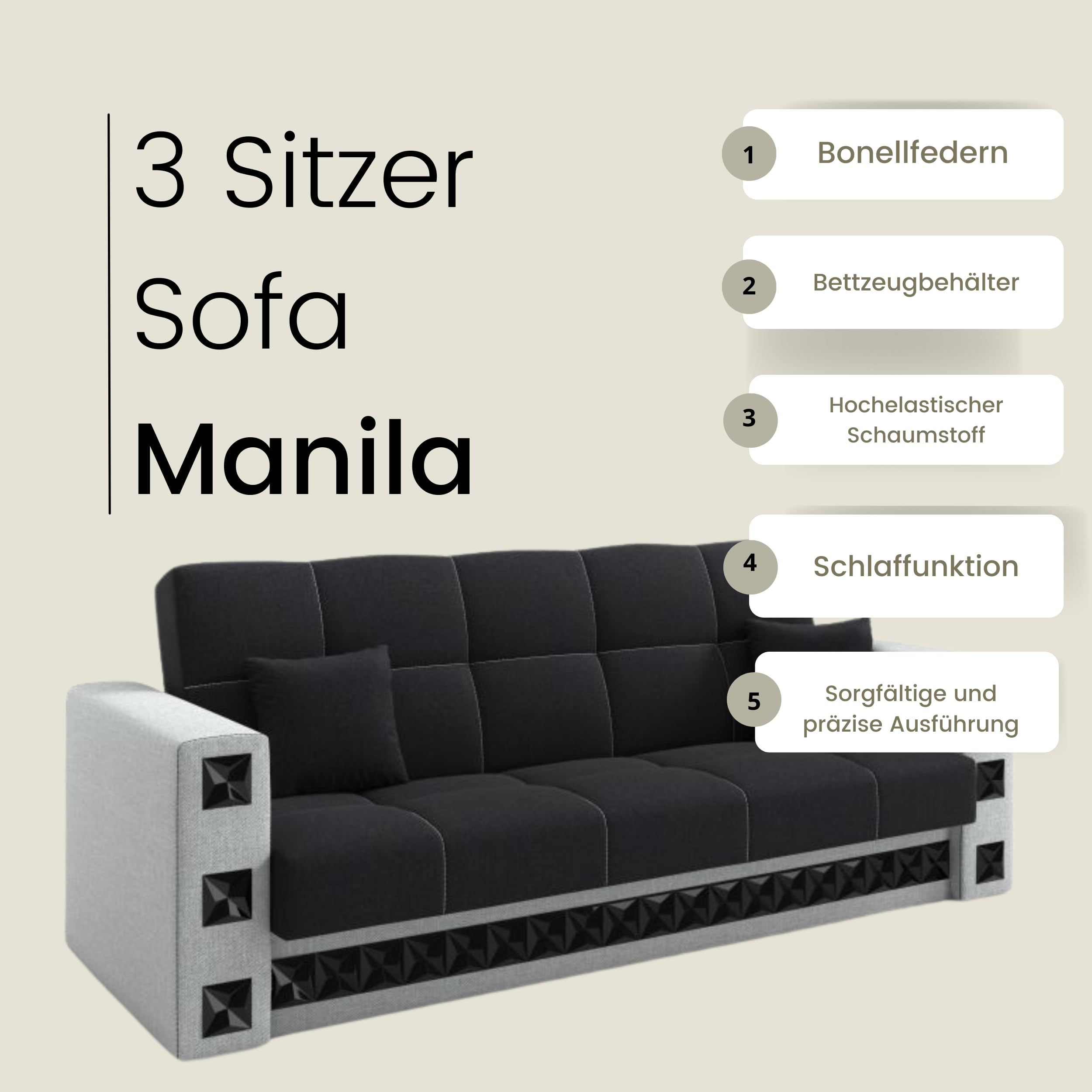 LIKMA Rozkładana Wersalka Manila Szaro/Czarna 221x91x85 cm z Funkcją Spania, Pojemnikiem na Pościel, 2 Poduszki; Sofa w Tkaninie Inari 91+100