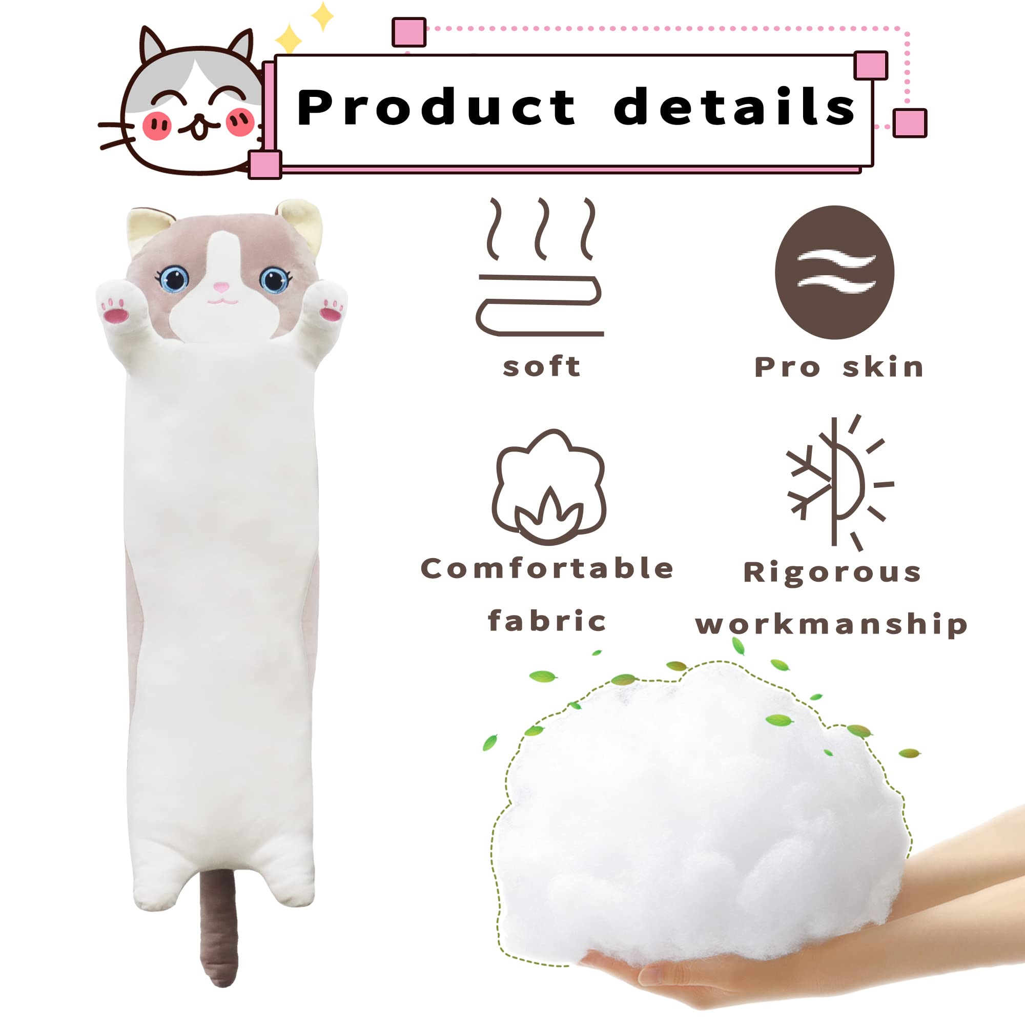 80 Cm Langes Katzen-Kuschelkissen – Weiches Plüschtier Als Körperkissen, Mehrfarbig