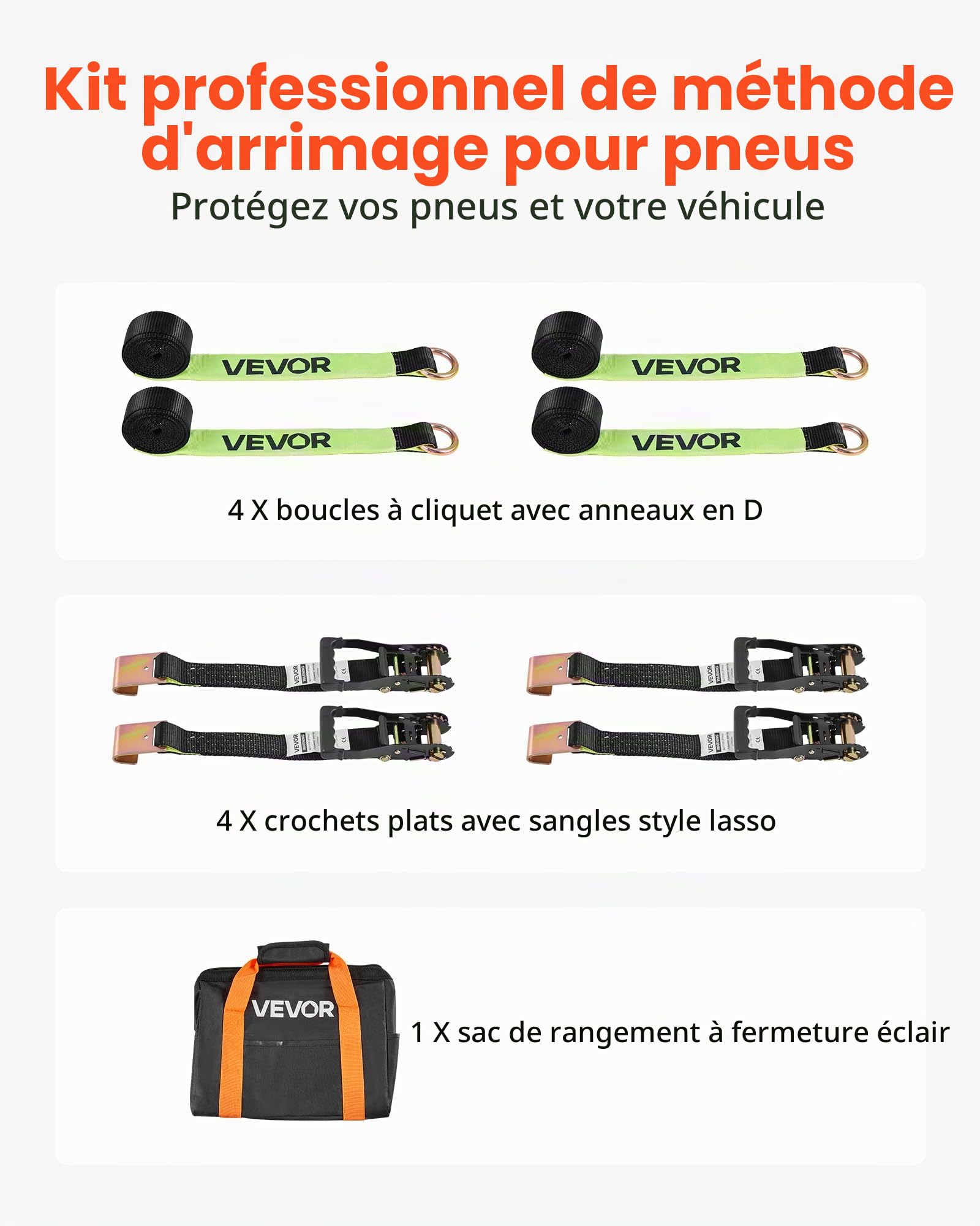 VEVOR Sangles d'Arrimage de Roue avec Crochet Plat, Kit d’Arrimage de Voiture avec Capacité de Charge 1512 kg, Résistance à la Rupture 4540 kg, Kit de Fixation pour VTT Moto Camion SUV Remorque