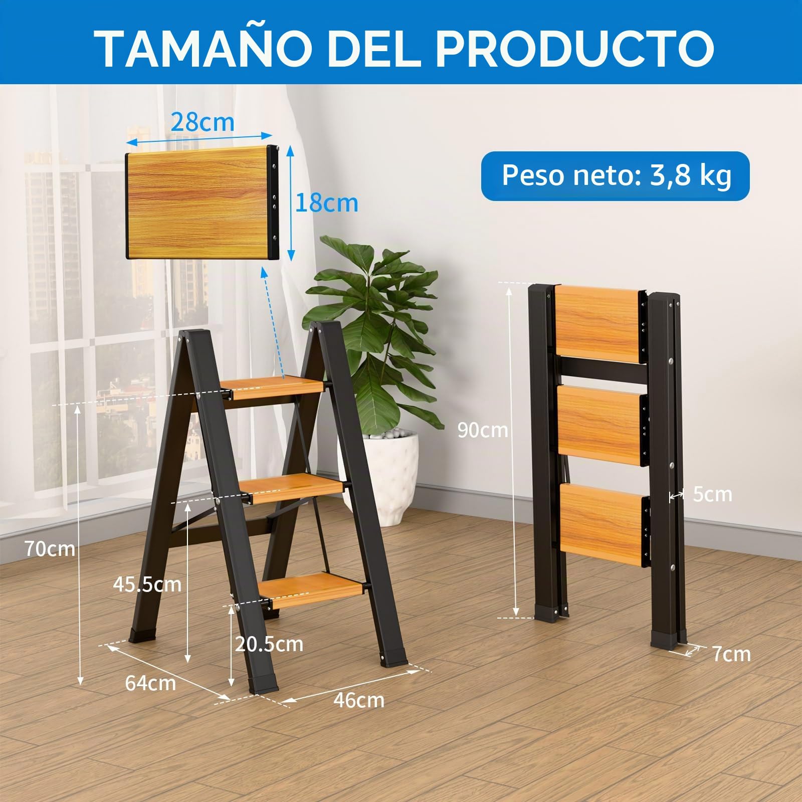 KULACO Escalera de Tijera Plegable de 3 peldaños, Escalera Plegable de Aluminio, Escalera Antideslizante para el hogar, Escalera de Tijera Ligera hasta 150 kg para el hogar, la Oficina, el Garaje