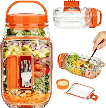 Upgraded Salad Pod Mason Jar Side Open,Portable Salad Container,On The Go Salad Jar Compartment for Travel Office Lunch,Leakproof Airtight,BPA Free & Dishwasher Safe Vivid Orange