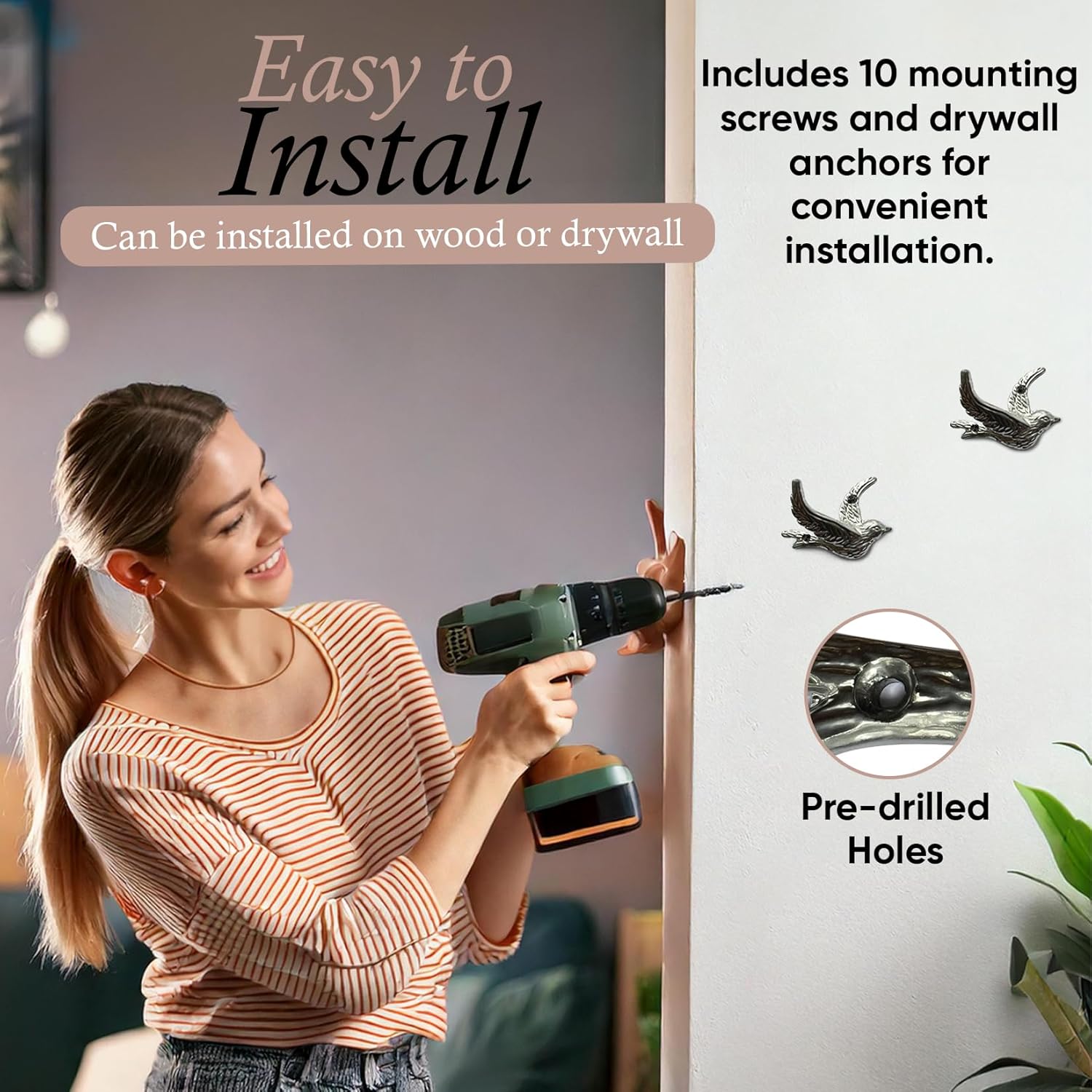 Flying Bird Decorative Wall Hooks (5 Pack) Cast Iron, Silver Coat Hooks, Wall Mounted - Farmhouse Decor, Hooks for Coats, Bags, Hats, Towels, Easy to Install (Antique Silver Hooks)