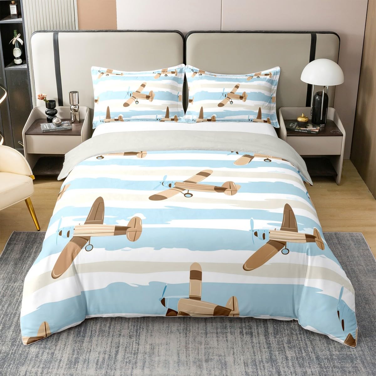 Homewish Retro samolot king size zestawy poszewek na kołdrę kreskówka latający samolot bawełna pościel nowoczesna kremowa niebieska w paski poszewka na kołdrę dorośli urocze samoloty zestaw łóżek