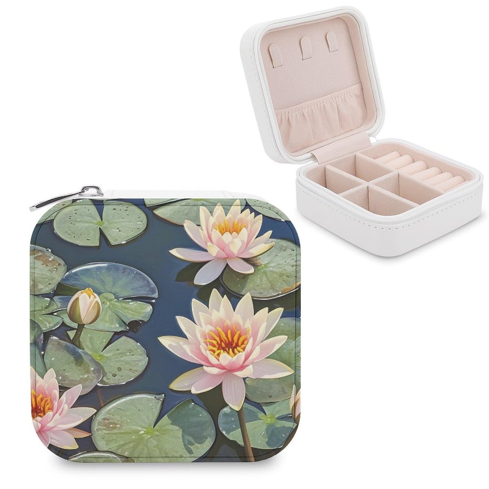LZQPOEAS Peach Water Lily Painting Jewelry Box Mini Jewelry Travel Case Trendy Stuff Ring Box Custom PU Leather Jewelry Boxes Portable Jewelry Case Earring Storage Organizer for Girls Women