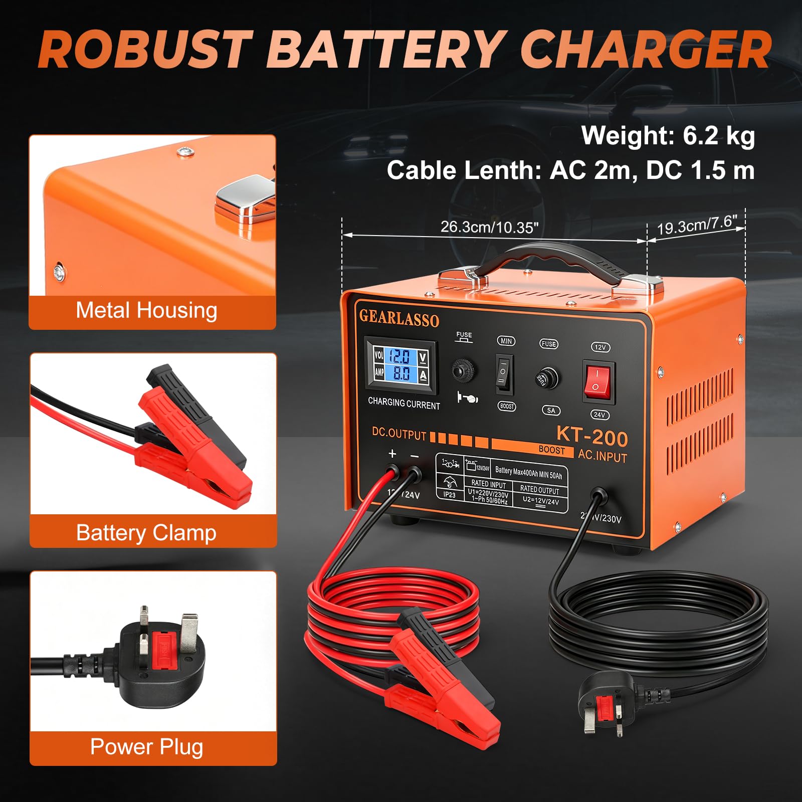 Cargador de batería de coche 12 V/24 V 0-15 A con pantalla LED, protección múltiple y apagado automático, para coche, furgoneta, motocicleta, barco, AGM, gel y baterías de plomo-ácido
