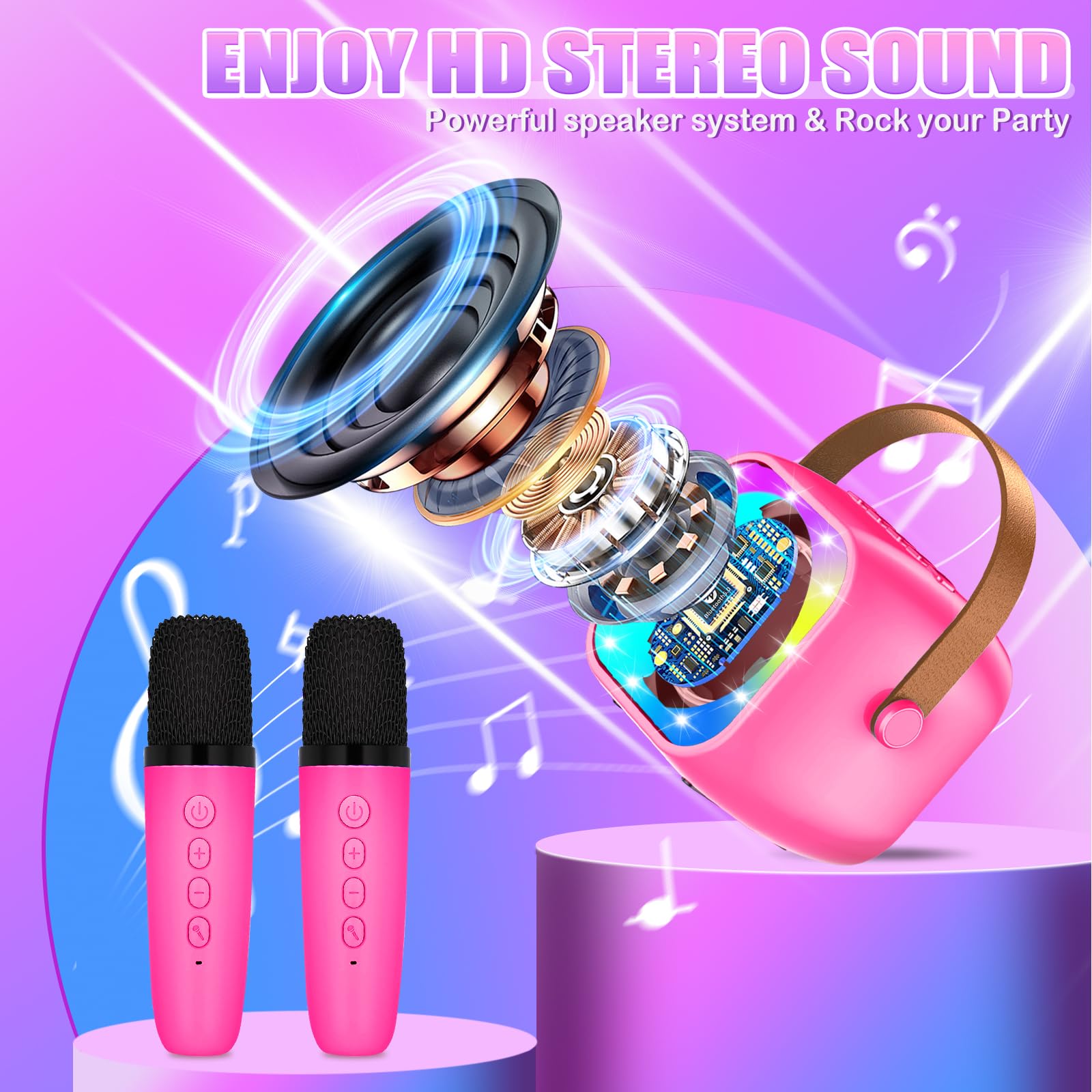 Karaoke per Bambini con 2 Microfoni, Microfono Bambini con Luce LED, Macchina Karaoke Portatile Microfono Wireless con Effetti di Cambio Voce, Giocattoli Elettronici Regali per Bambini da 3 a 18 anni