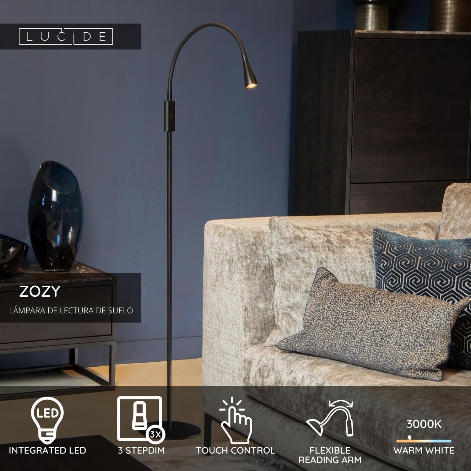 LUCIDE ZOZY - Lámpara de lectura - LED 3 StepDim - 1x4W 3000K - Negro