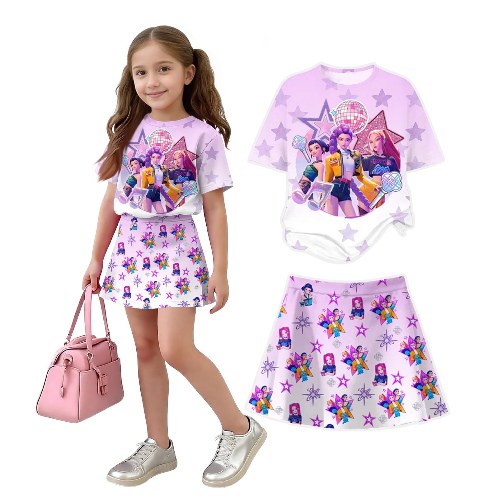 Girls 2-Piece Anime Outfit Set, Short Sleeve Graphic T-Shirt and Printed Skirt Set — view 7