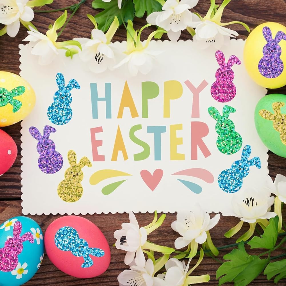 500Pcs Easter Bunny Stickers 1.5in Large Holographic Bling Sparkly Spring Happy Easter Bunny Stickers Roll 8 Colors Self-Adhesive Rabbit Sticker for Envelopes Scrapbook Decorations Supplies