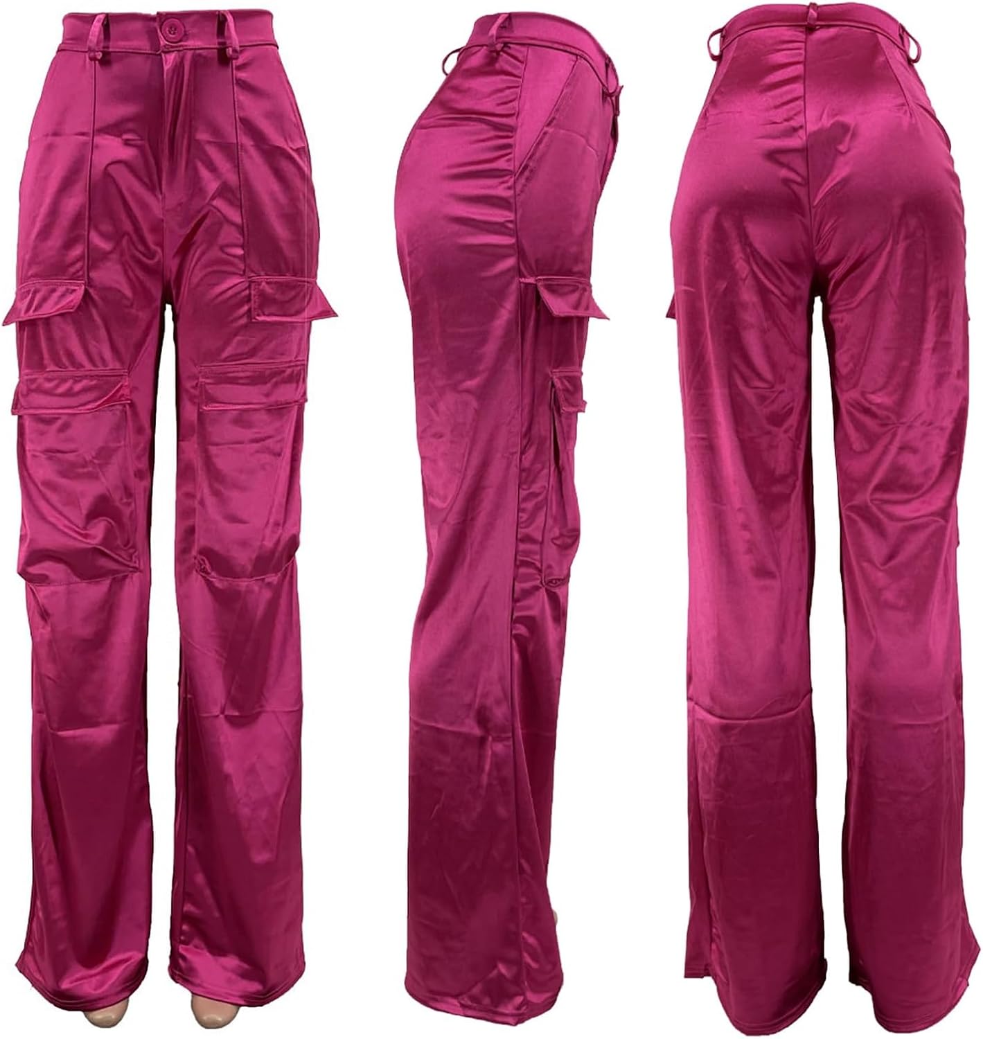 Women Satin Cargo Pants High Waisted Straight Wide Leg Casual Pants Multi Pockets Club Y2k Trousers - Image 5