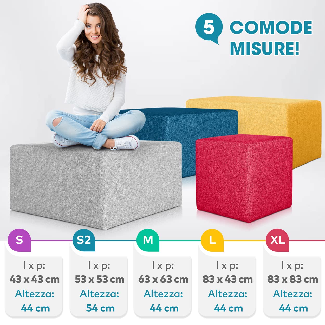 Deshome Pouf poggiapiedi 83x43x44 cm stoffa Idrorepellente: Pouf design moderno per divano soggiorno camera da letto, Puff poggiapiedi, Pouffe salotto Minerva (Bianco crema)