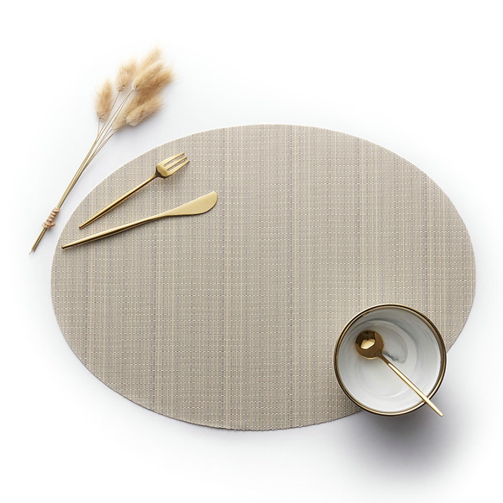 Tischset Set 12, Platzset aus Polyester Abwaschbar Beige Geflochten Oval, Platzdeckchen für Esstische Fest 45x32.5 cm