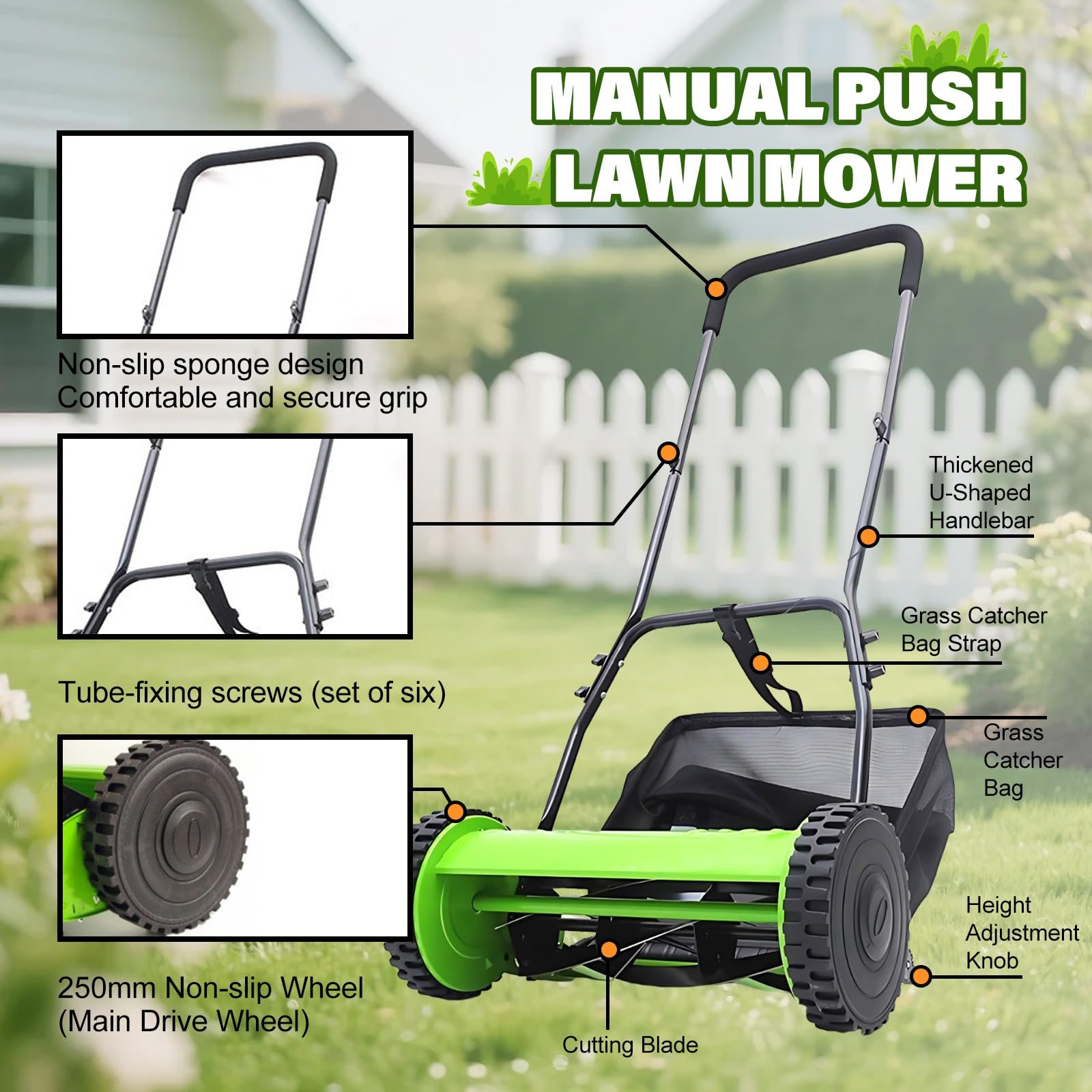 Cortacésped manual con bolsa de recogida de césped, cuchillas de acero al manganeso, altura ajustable de 17 a 33 mm, ideal para jardines pequeños y césped residencial