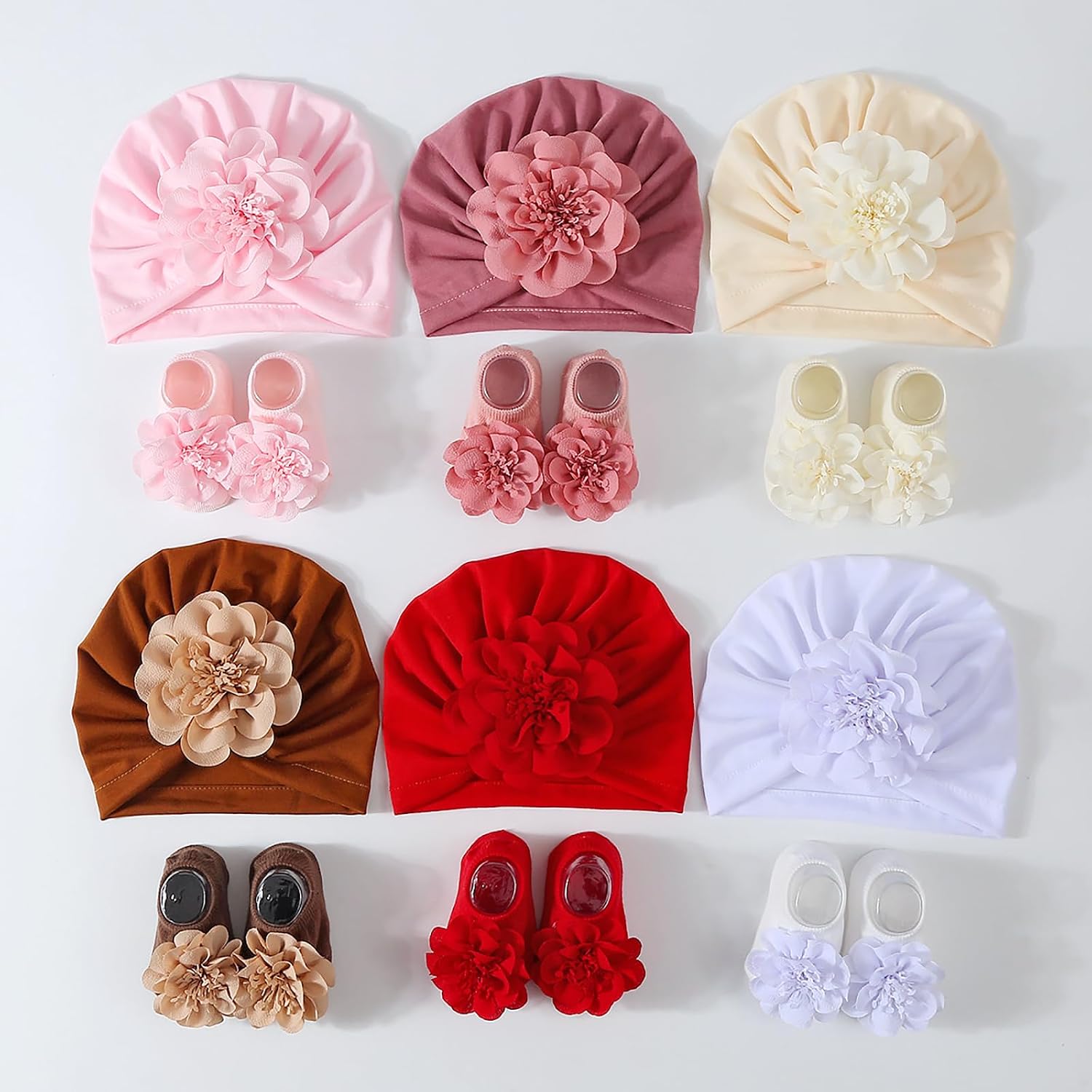 Newborns Stretchy Flower Indian Hat Rubber Soles Floor Socks Set Shower Gift Outfit