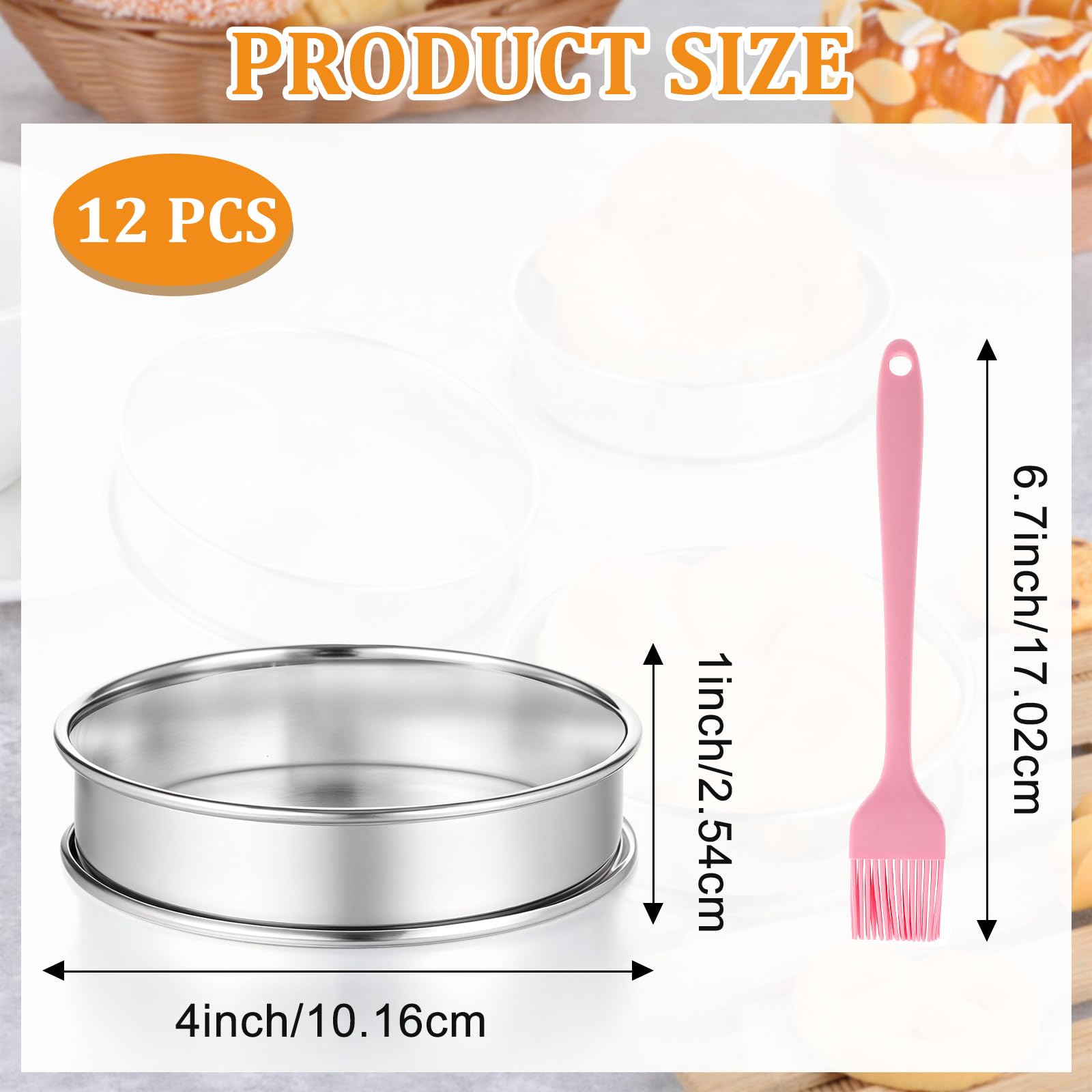 12 Pack 4 Inch Metal English Muffin Rings Double Rolled Nonstick Pastry Ring Mold Stainless Steel Muffin Tart Rings Round Muffin Crumpet Rings with Silicone Brush for Kitchen Baking