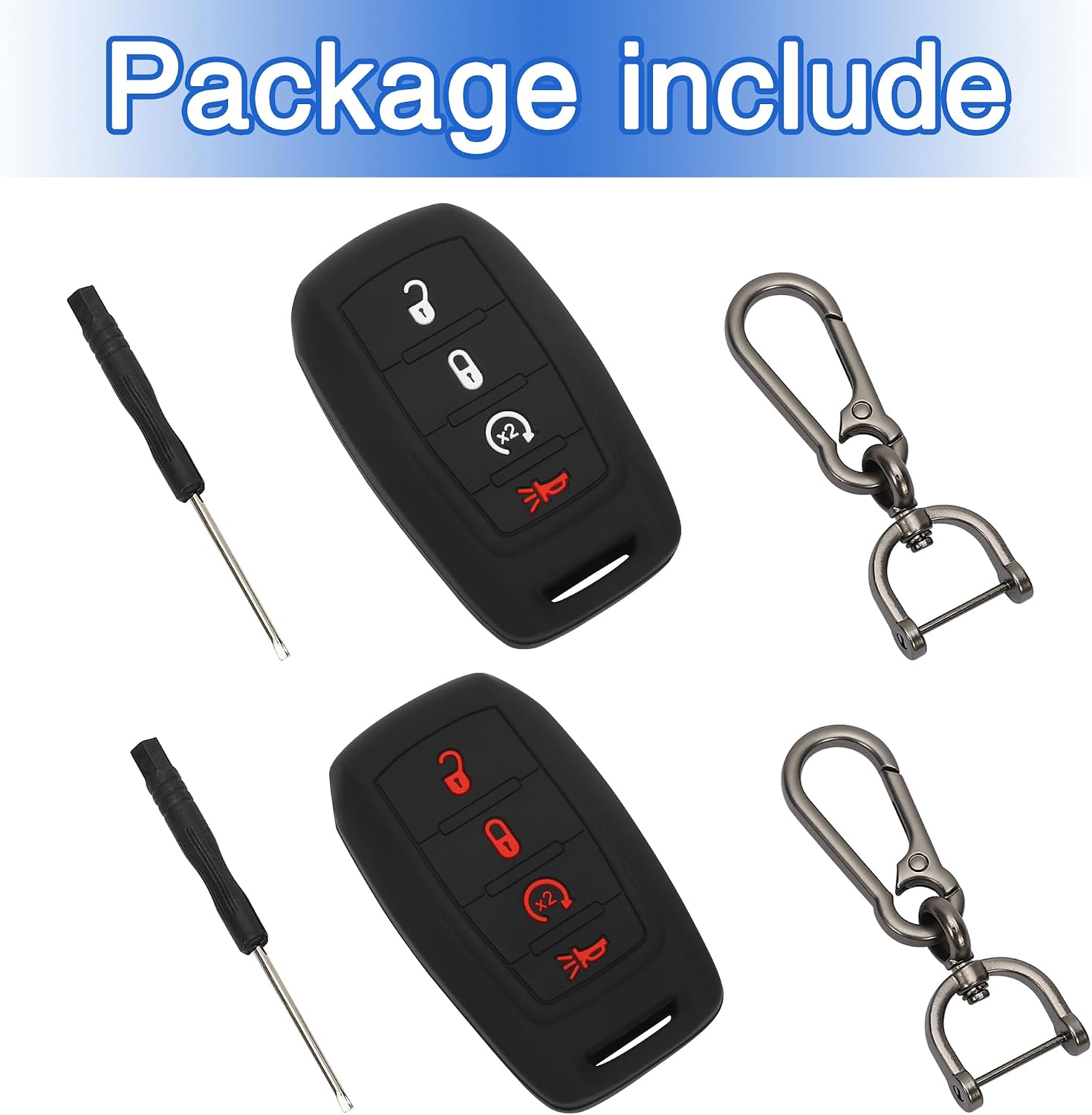 TOMALL 2 Pack for Dodge Key Fob Cover with Keychain, 4 Buttons Silicone Rubber Key Case Compatible with Dodge Ram 1500 2500 3500 2019 2020 2021 2022 2023 2024 2025 Keyless Entry Remote Control