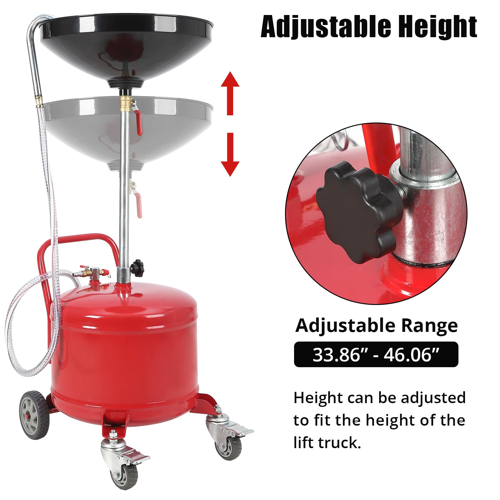 Serbatoio Scarico Olio esausto Portatile – 30L, Ruote robuste, Imbuto Regolabile, Funzionamento Pneumatico, indicatore Livello – per officine Auto e Garage – capacità: 30 L