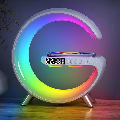 QavaMach Luces nocturnas 7 en 1 con cargador inalámbrico, altavoz Bluetooth y relojes despertadores, lámpara de mesa LED, 15 W Qi carga inalámbrica